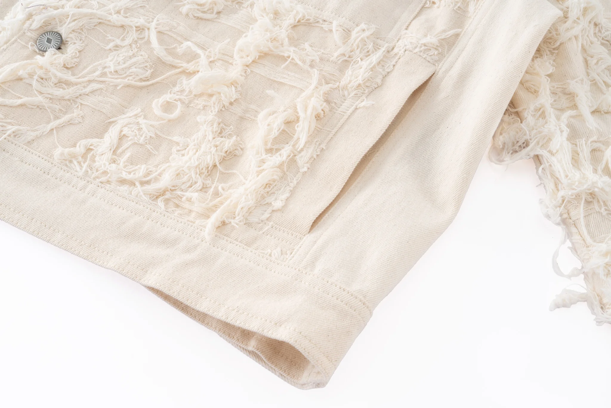 Distressed Fringe Denim Jacket - Cream - Image 16