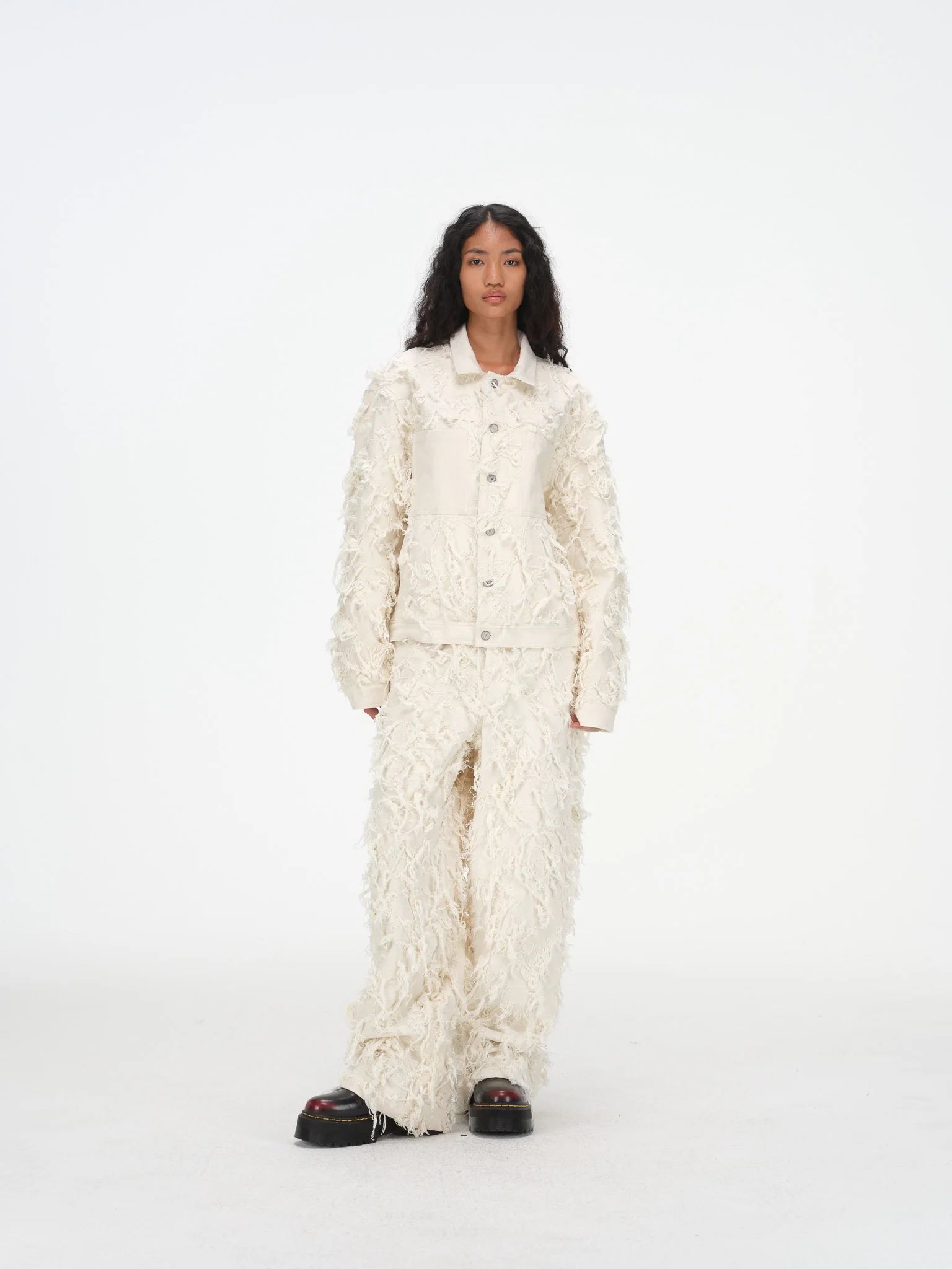 Distressed Fringe Denim Jacket - Cream - Image 3