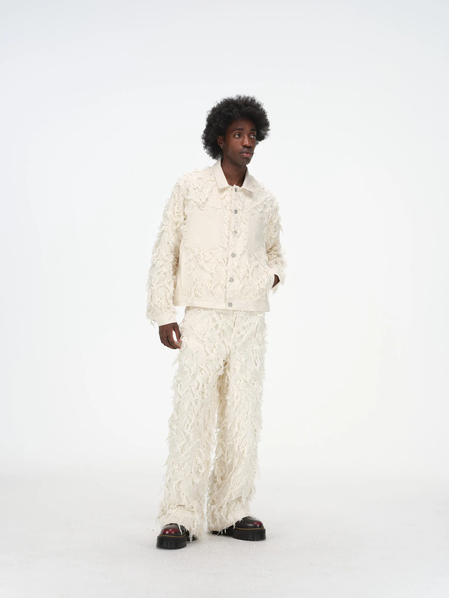 Distressed Fringe Denim Jacket - Cream - Image 6