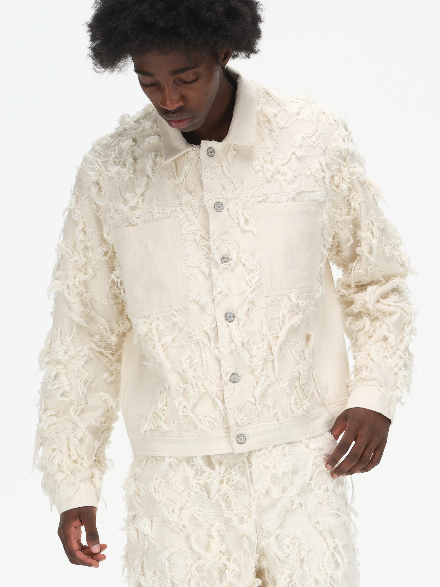 Distressed Fringe Denim Jacket - Cream - Image 7
