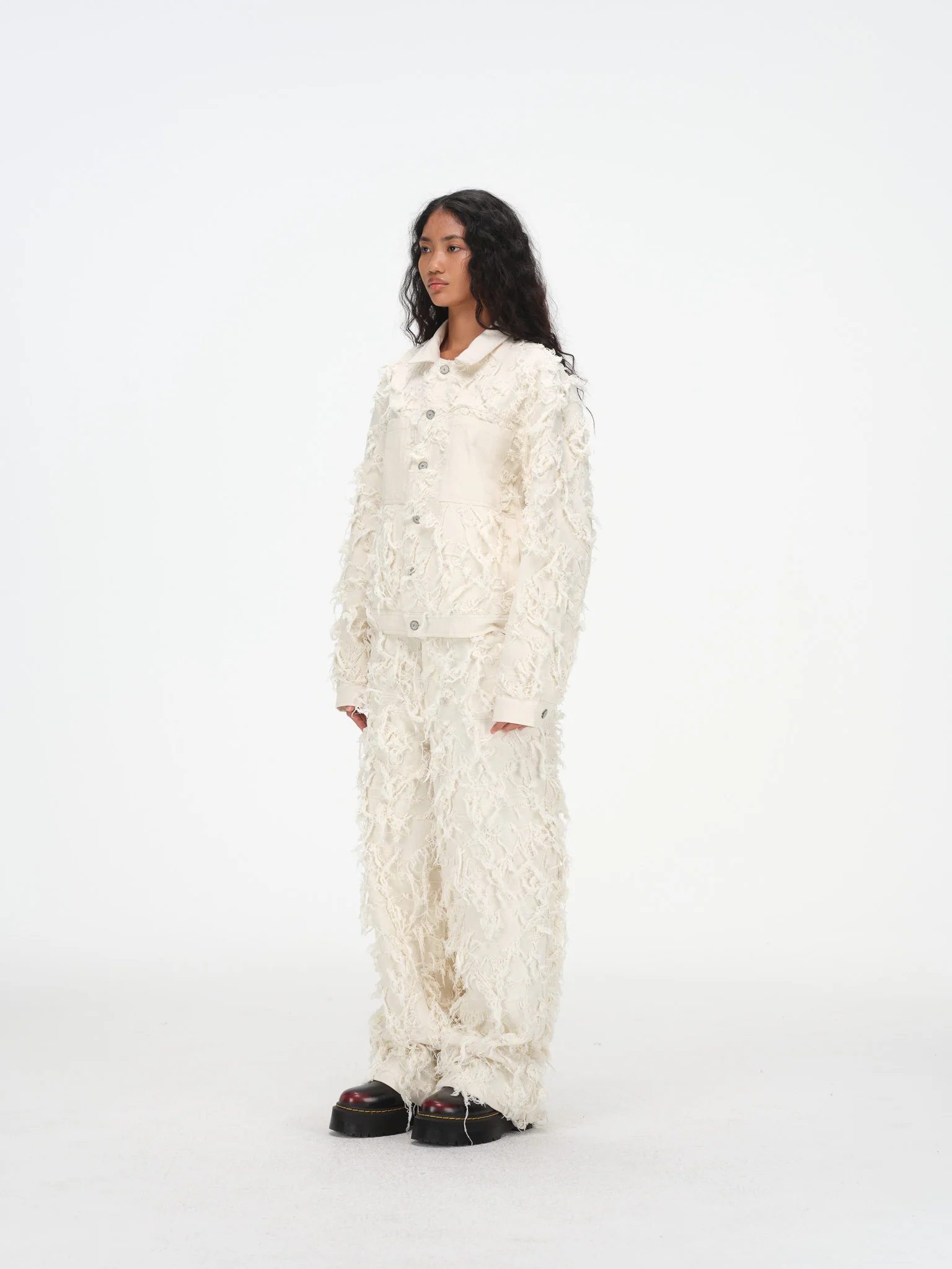 Distressed Fringe Denim Jacket - Cream - Image 9