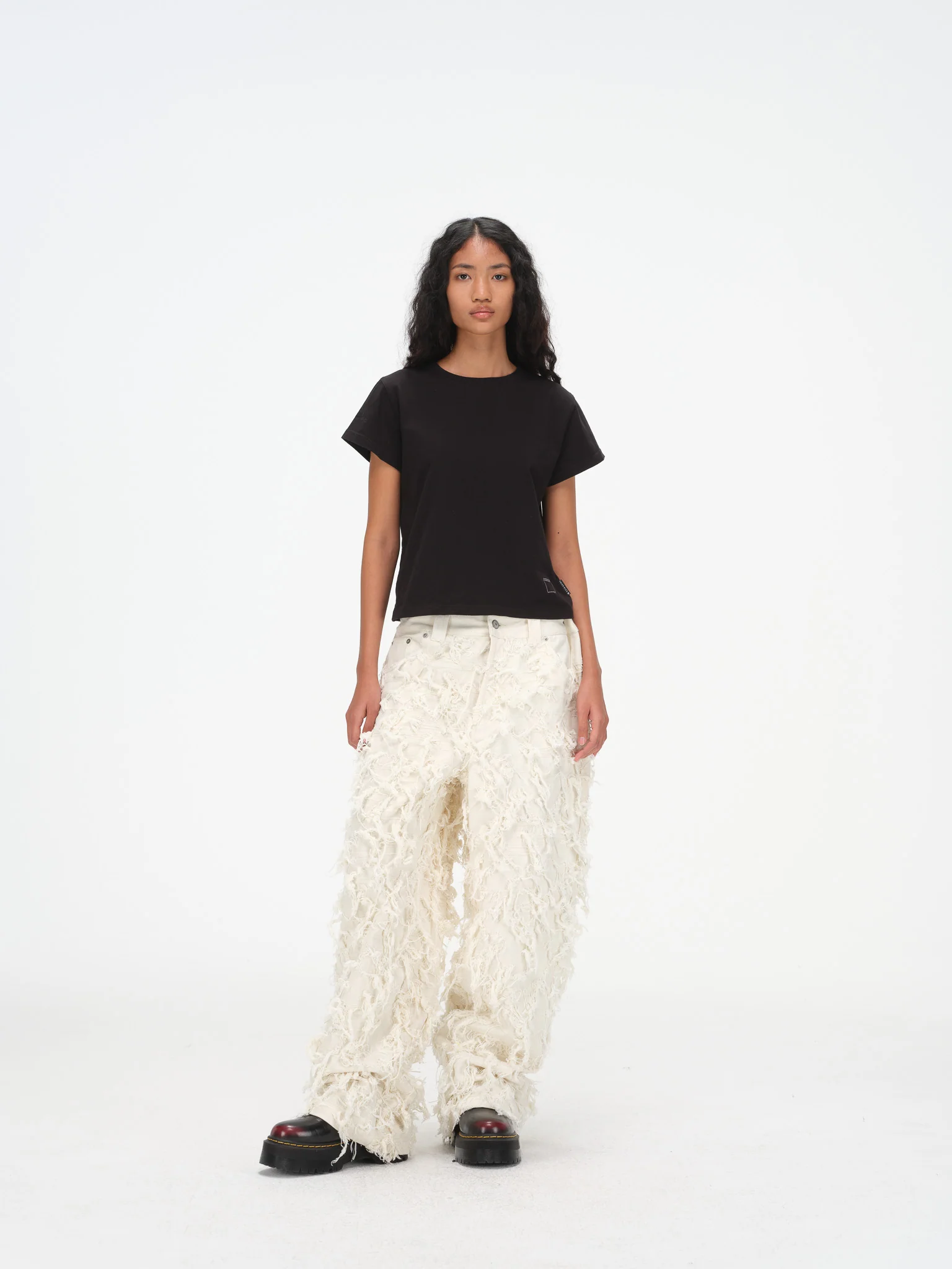 Distressed Fringe Denim Pants - Cream - Image 3