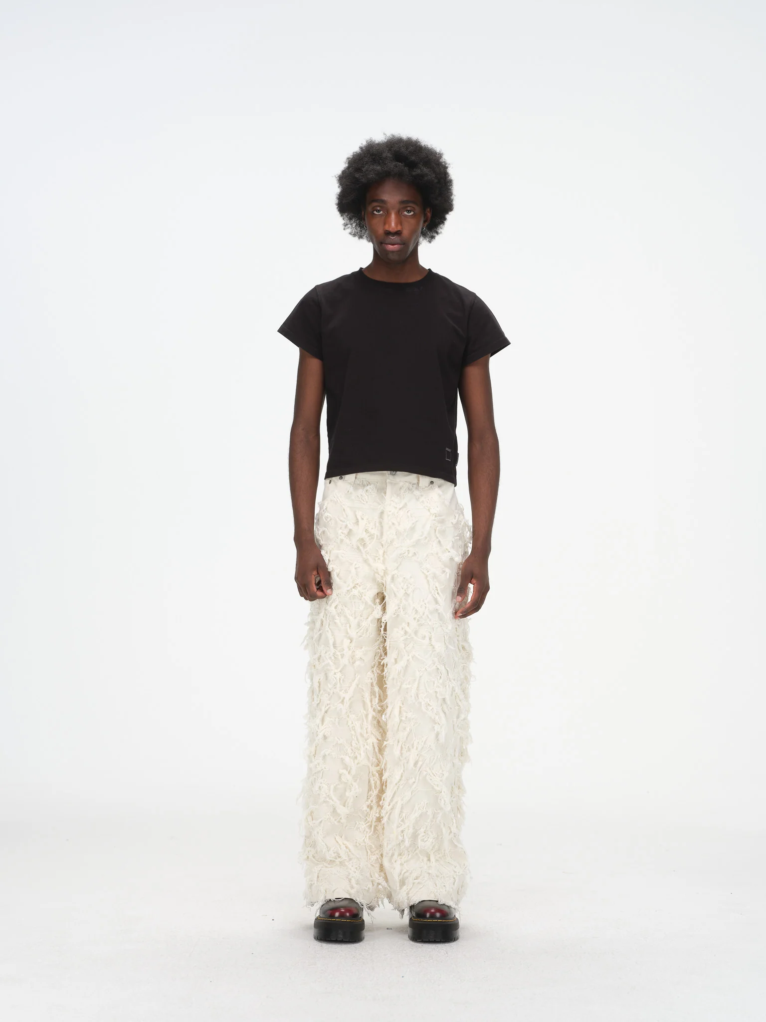 Distressed Fringe Denim Pants - Cream - Image 4