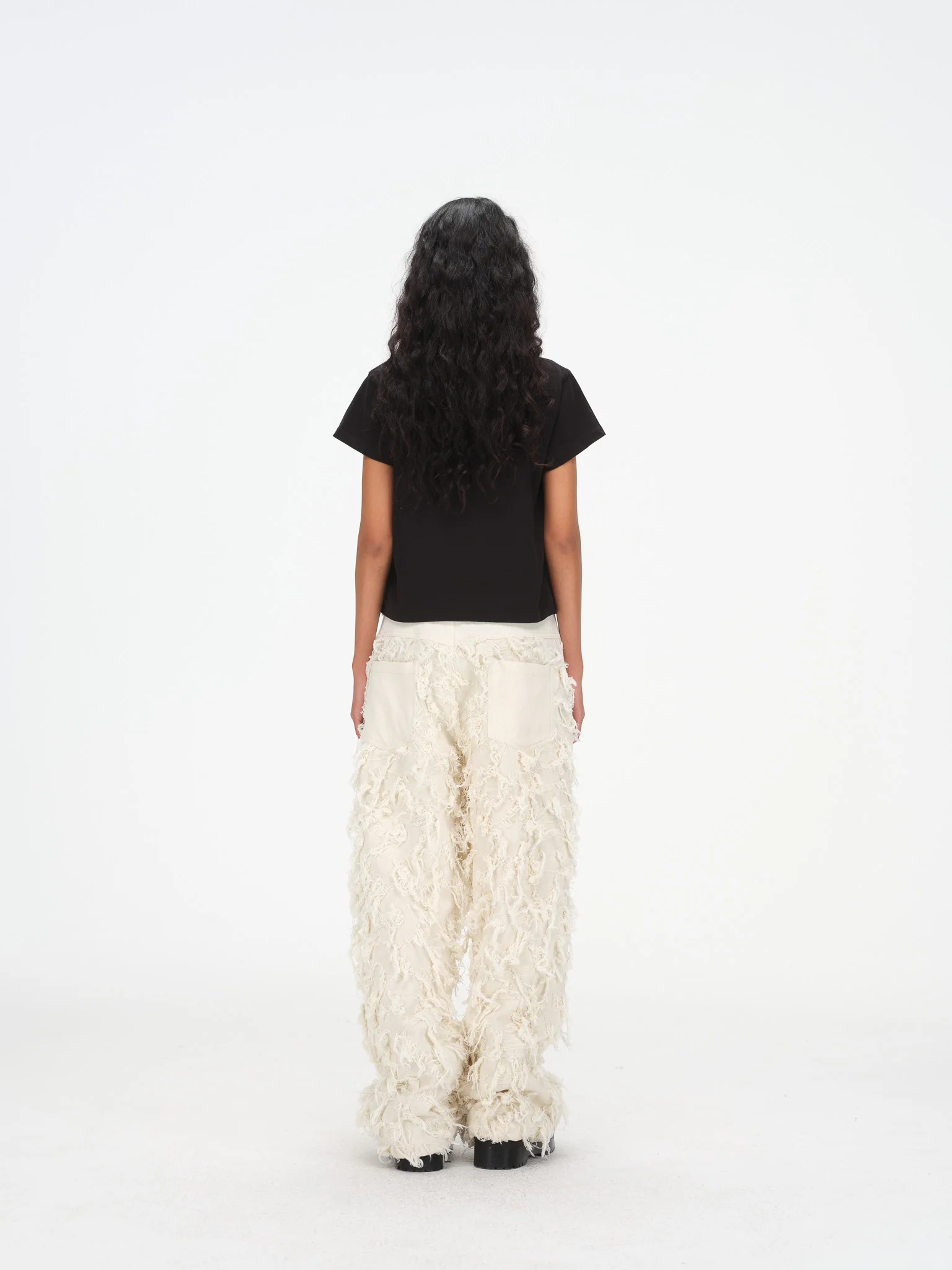 Distressed Fringe Denim Pants - Cream - Image 6