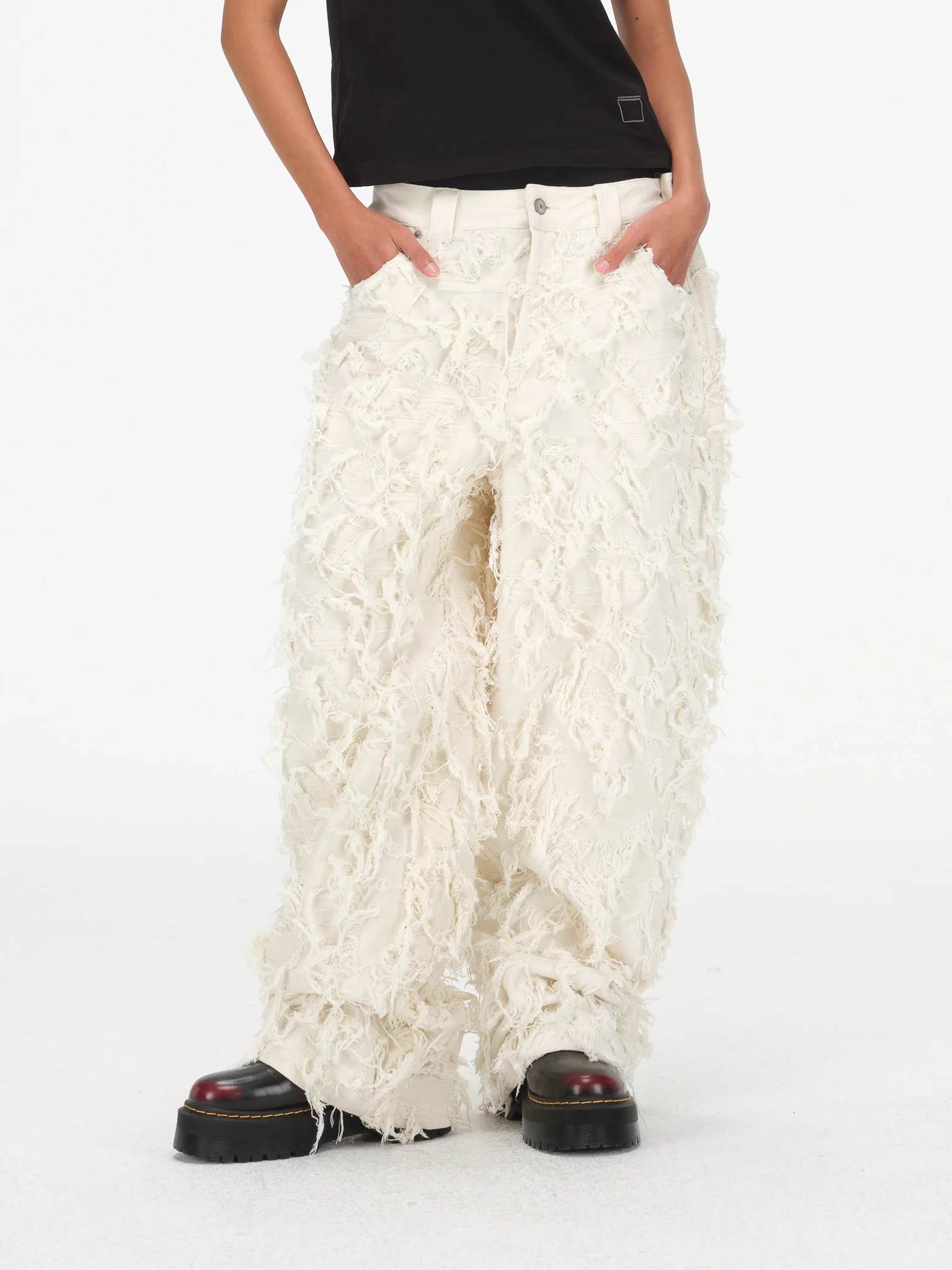 Distressed Fringe Denim Pants - Cream - Image 8