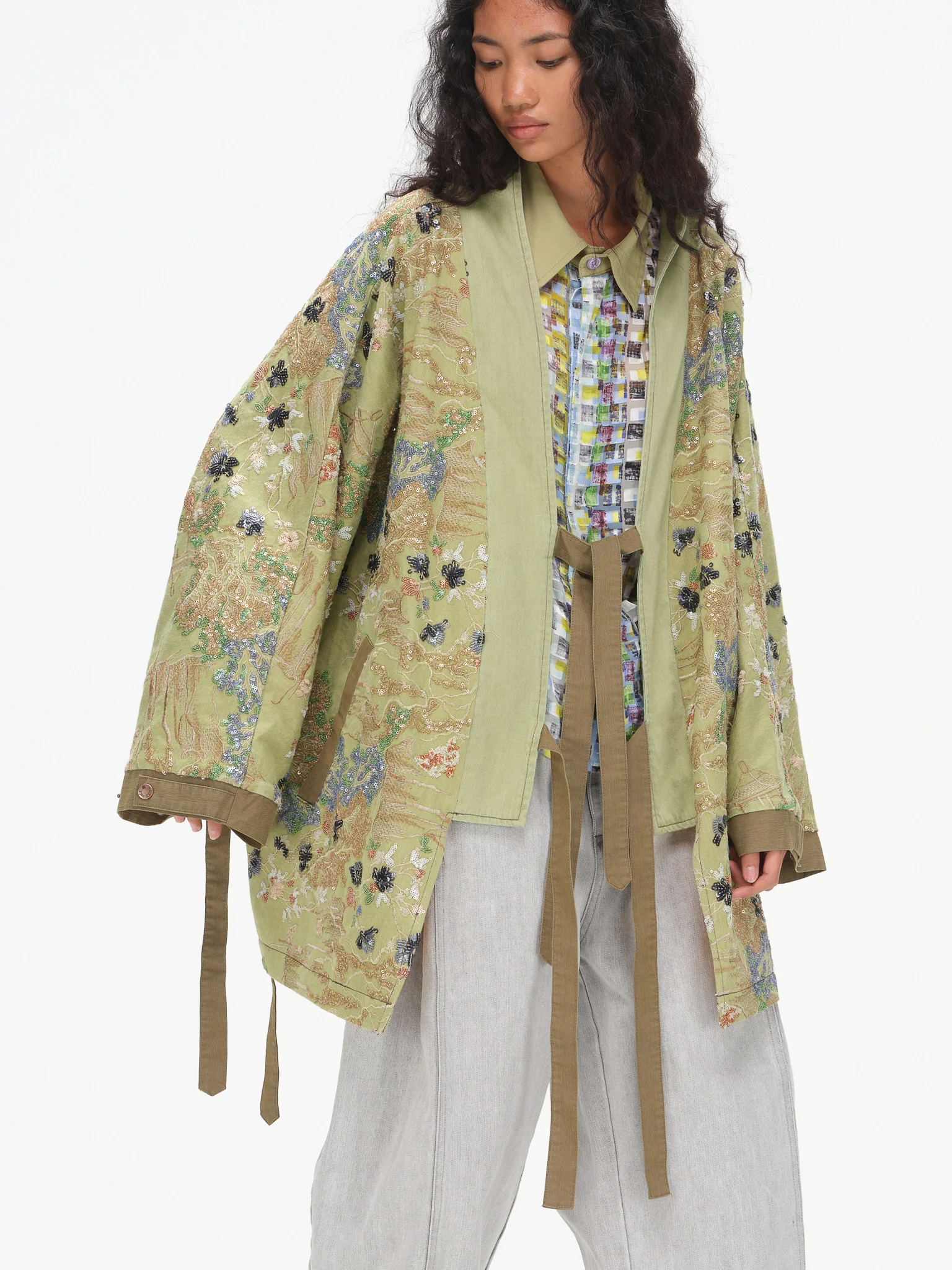 Embroidered Kimono-Inspired Jacket - Sage - Image 3