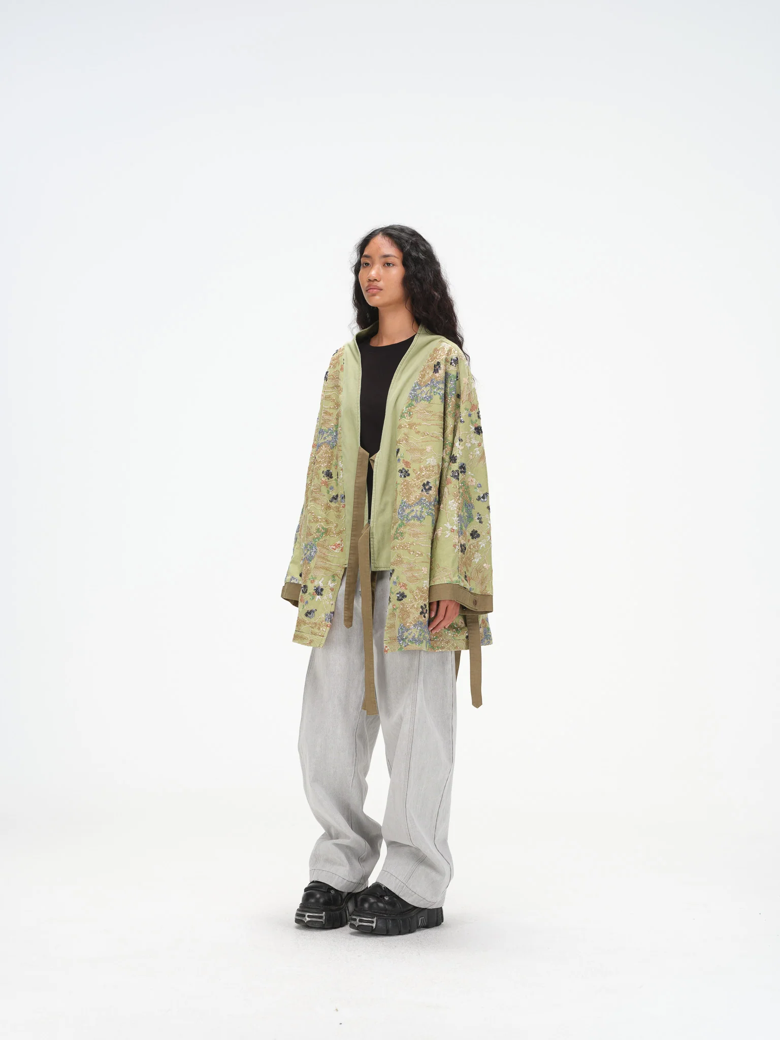 Embroidered Kimono-Inspired Jacket - Sage - Image 5