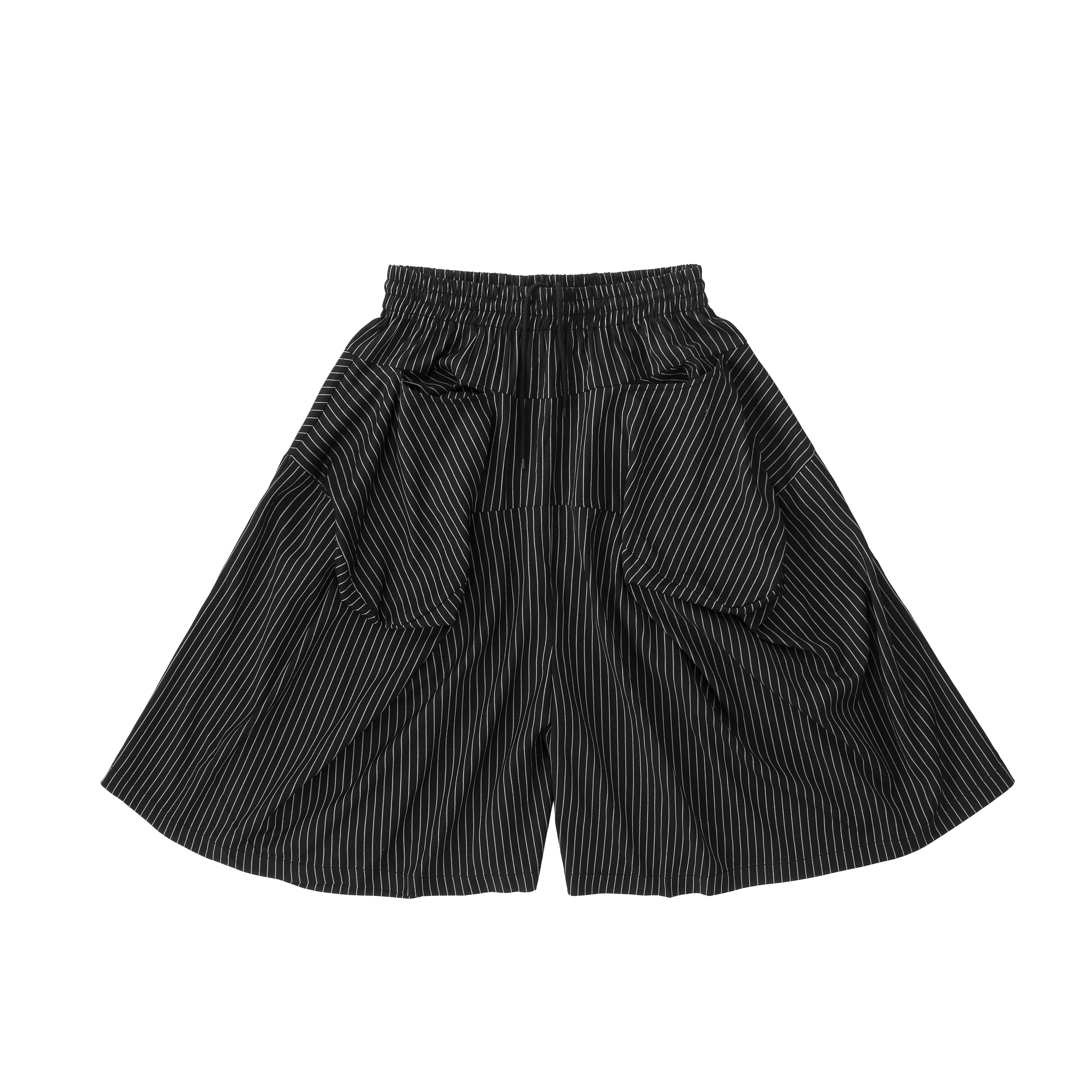 Pinstripe Wide Shorts – Pleated Angular Drape, Black & White - Image 10