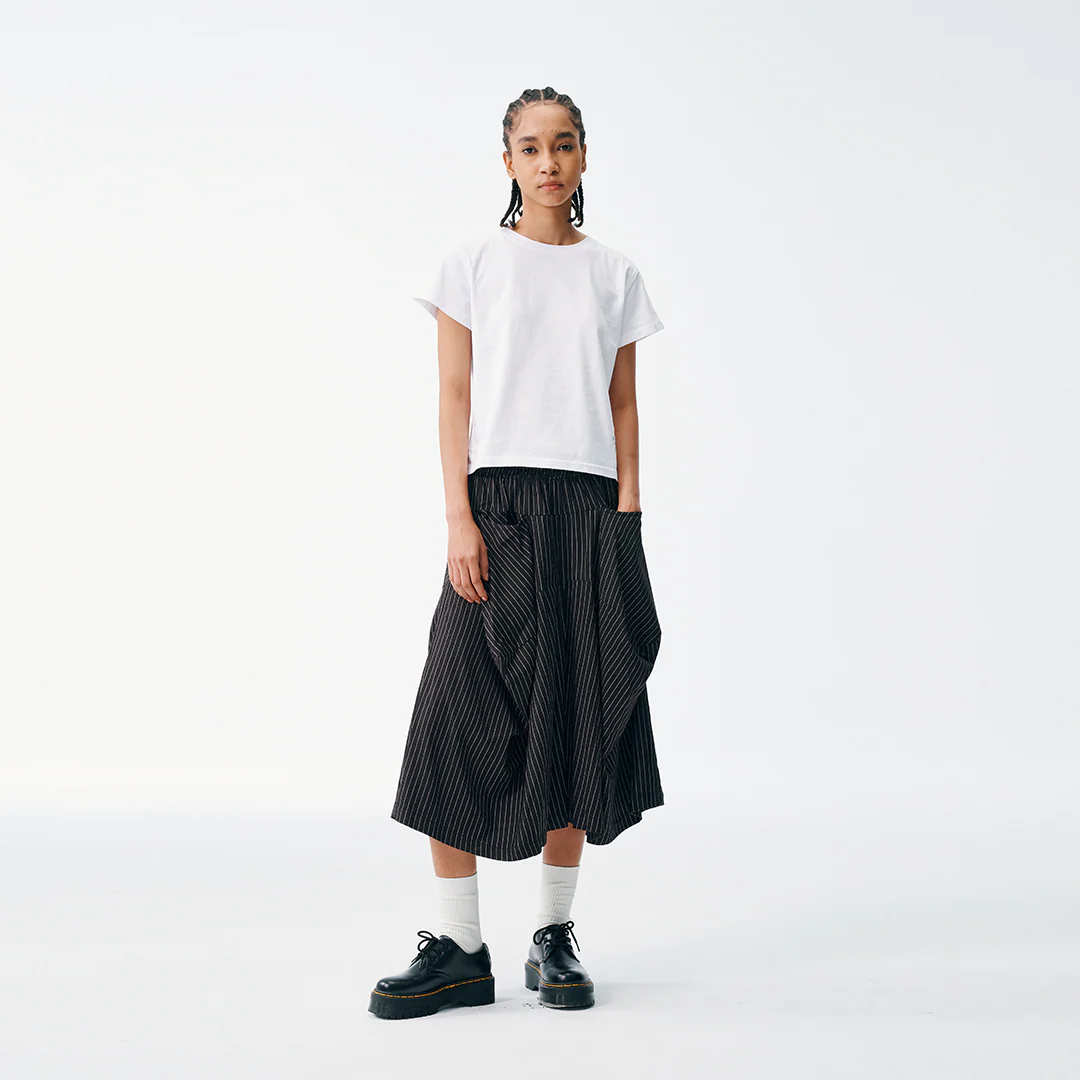 Pinstripe Wide Shorts – Pleated Angular Drape, Black & White - Image 6