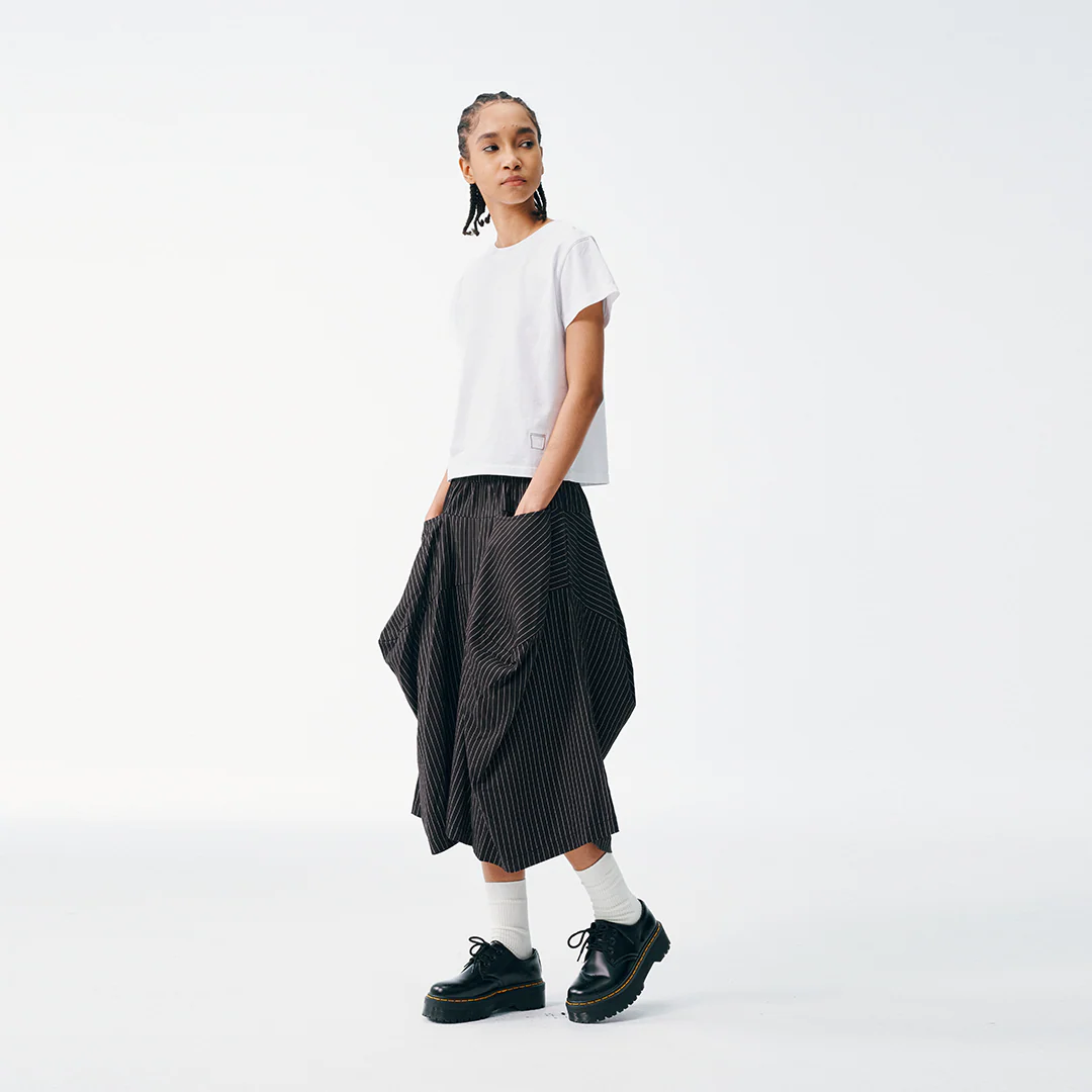 Pinstripe Wide Shorts – Pleated Angular Drape, Black & White - Image 7