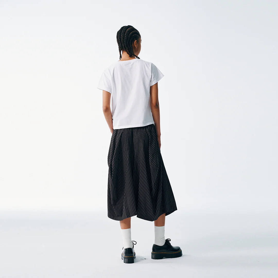 Pinstripe Wide Shorts – Pleated Angular Drape, Black & White - Image 8
