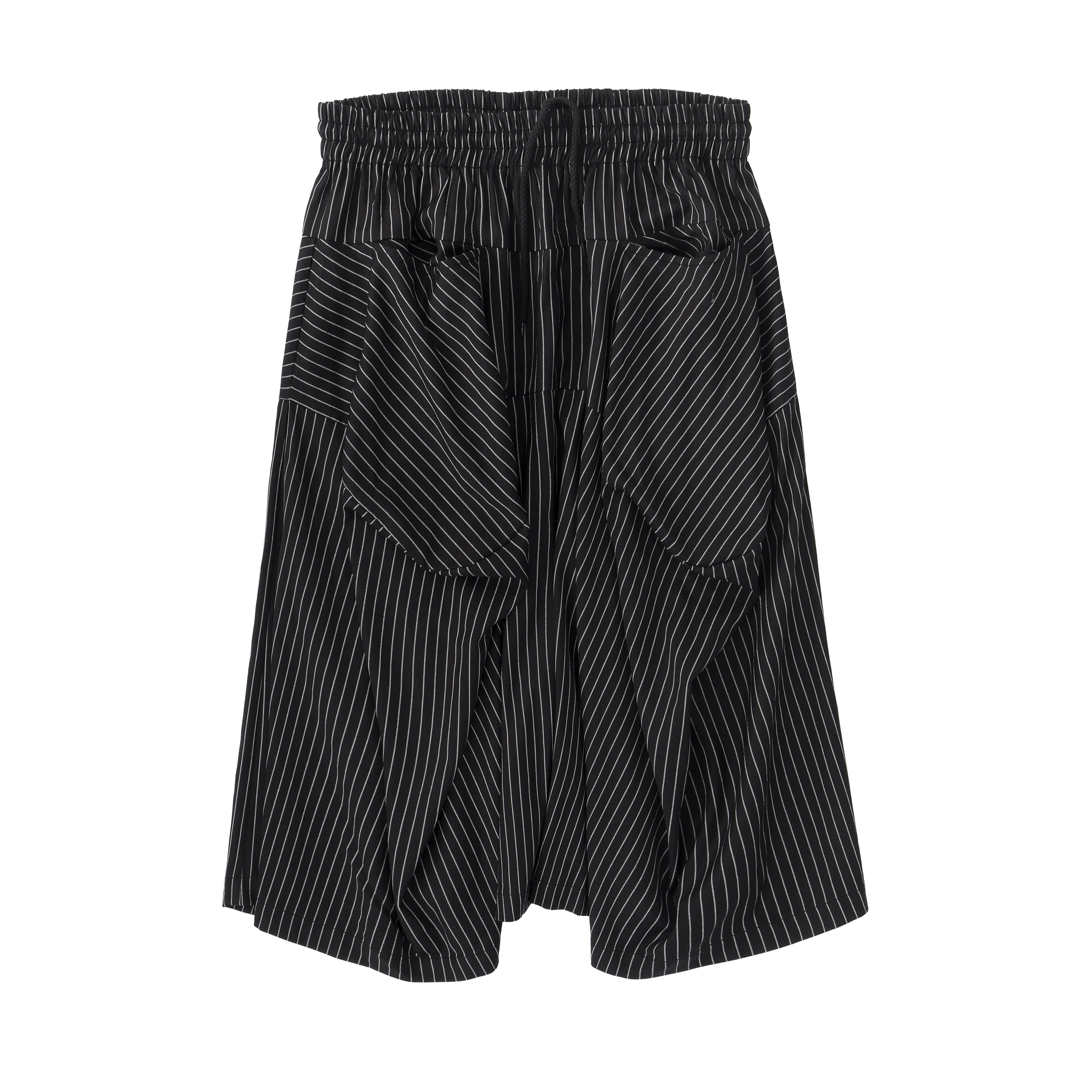 Pinstripe Wide Shorts – Pleated Angular Drape, Black & White - Image 9