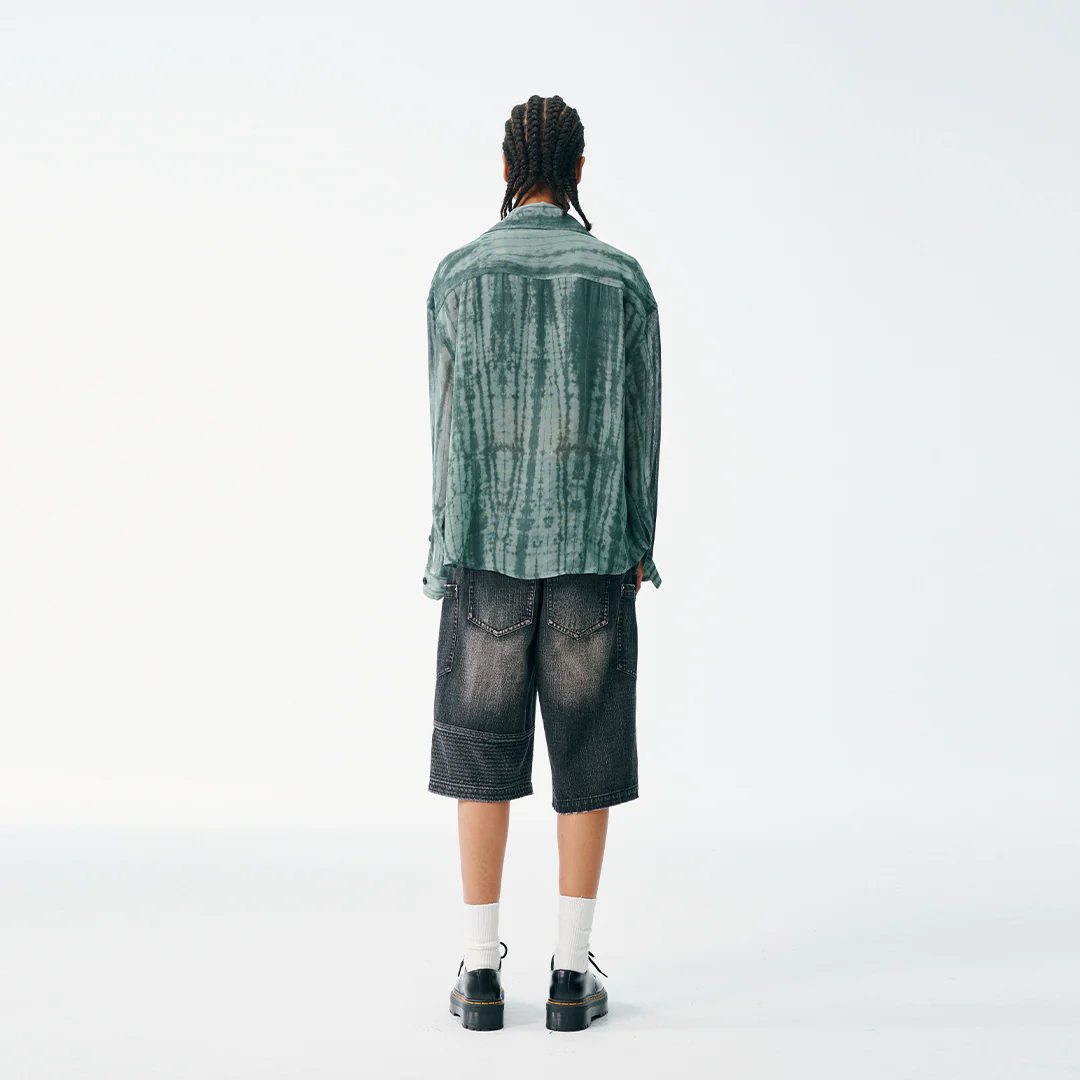 Super-Sheer High Collar Button Up – Forest Tie-Dye, Lightweight Drape - Image 8