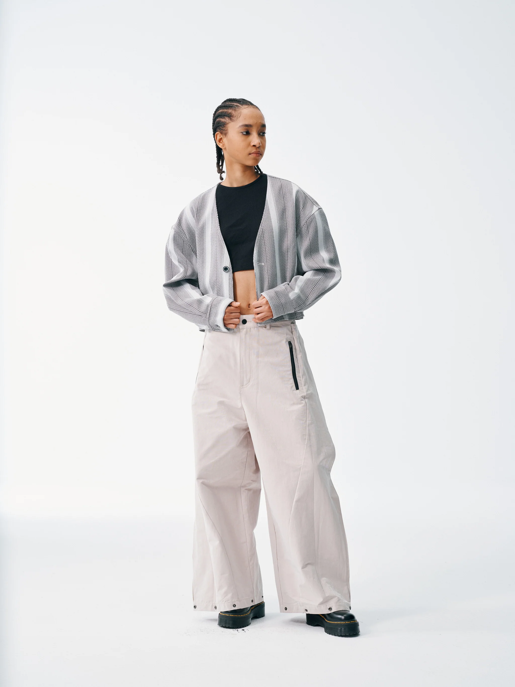 Cropped V-Neck Jacket – Striped Monochrome Twill - Image 10
