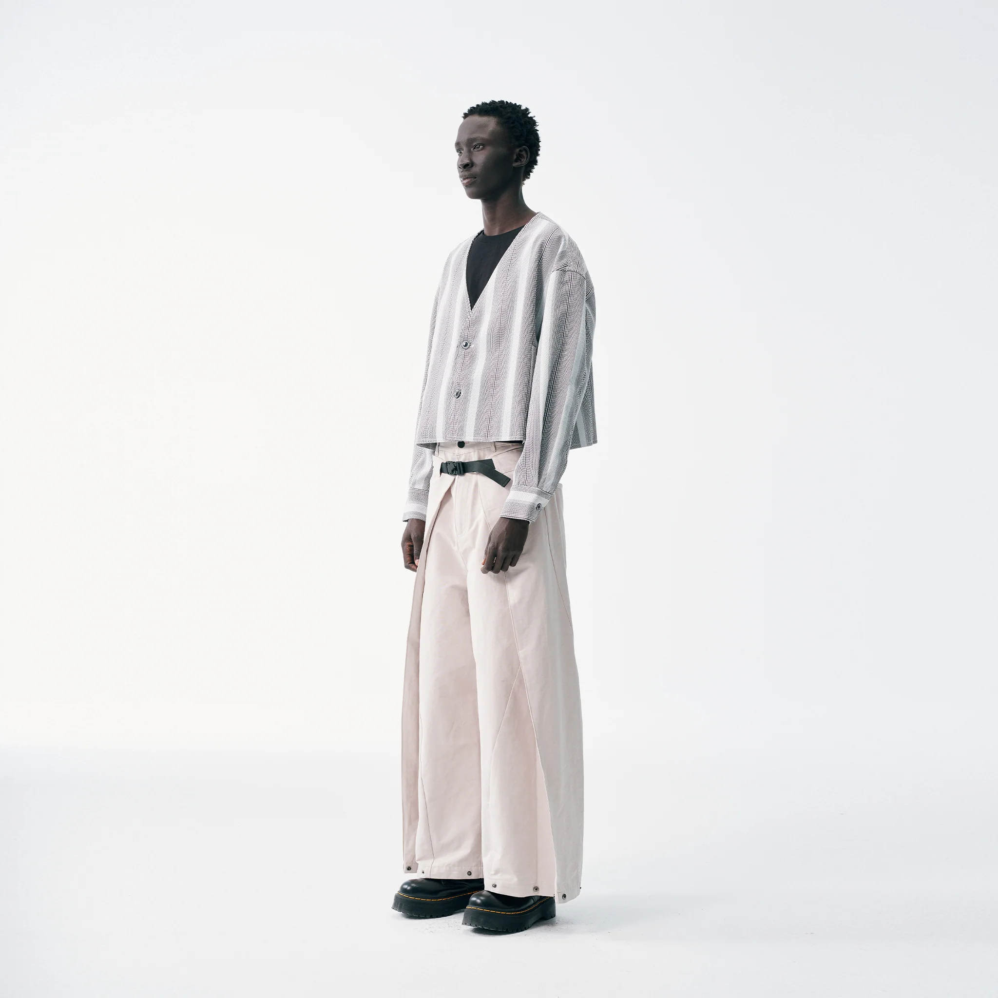 Cropped V-Neck Jacket – Striped Monochrome Twill - Image 11