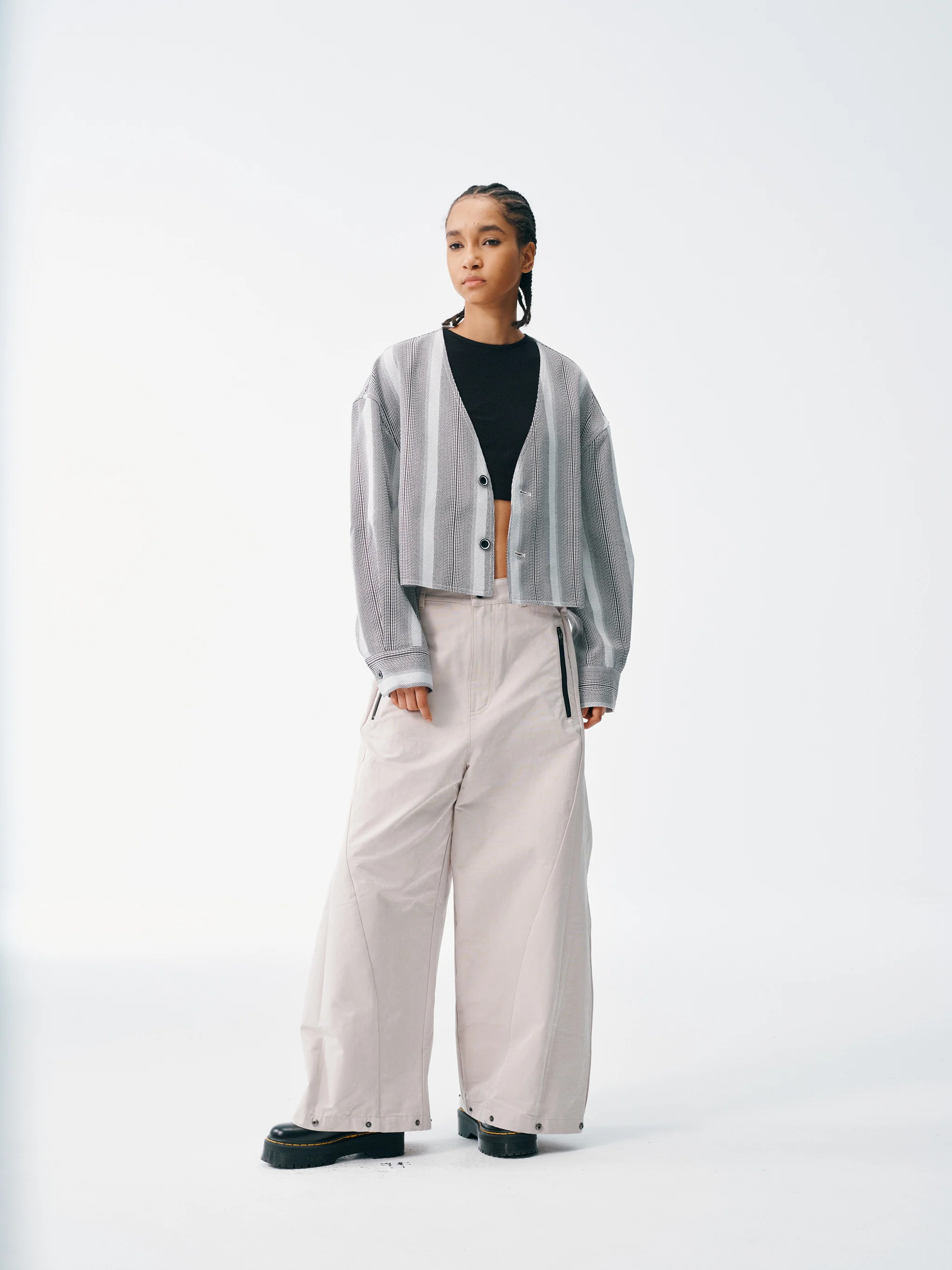 Cropped V-Neck Jacket – Striped Monochrome Twill - Image 12