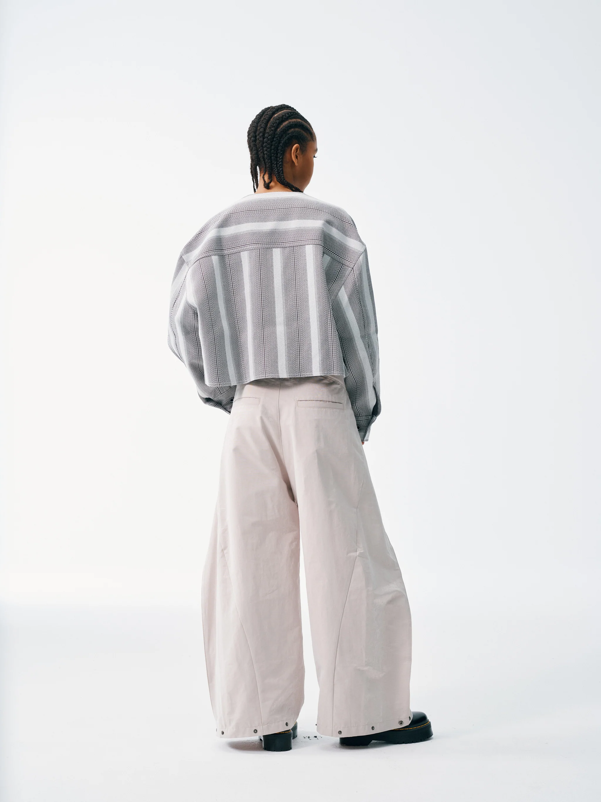 Cropped V-Neck Jacket – Striped Monochrome Twill - Image 13