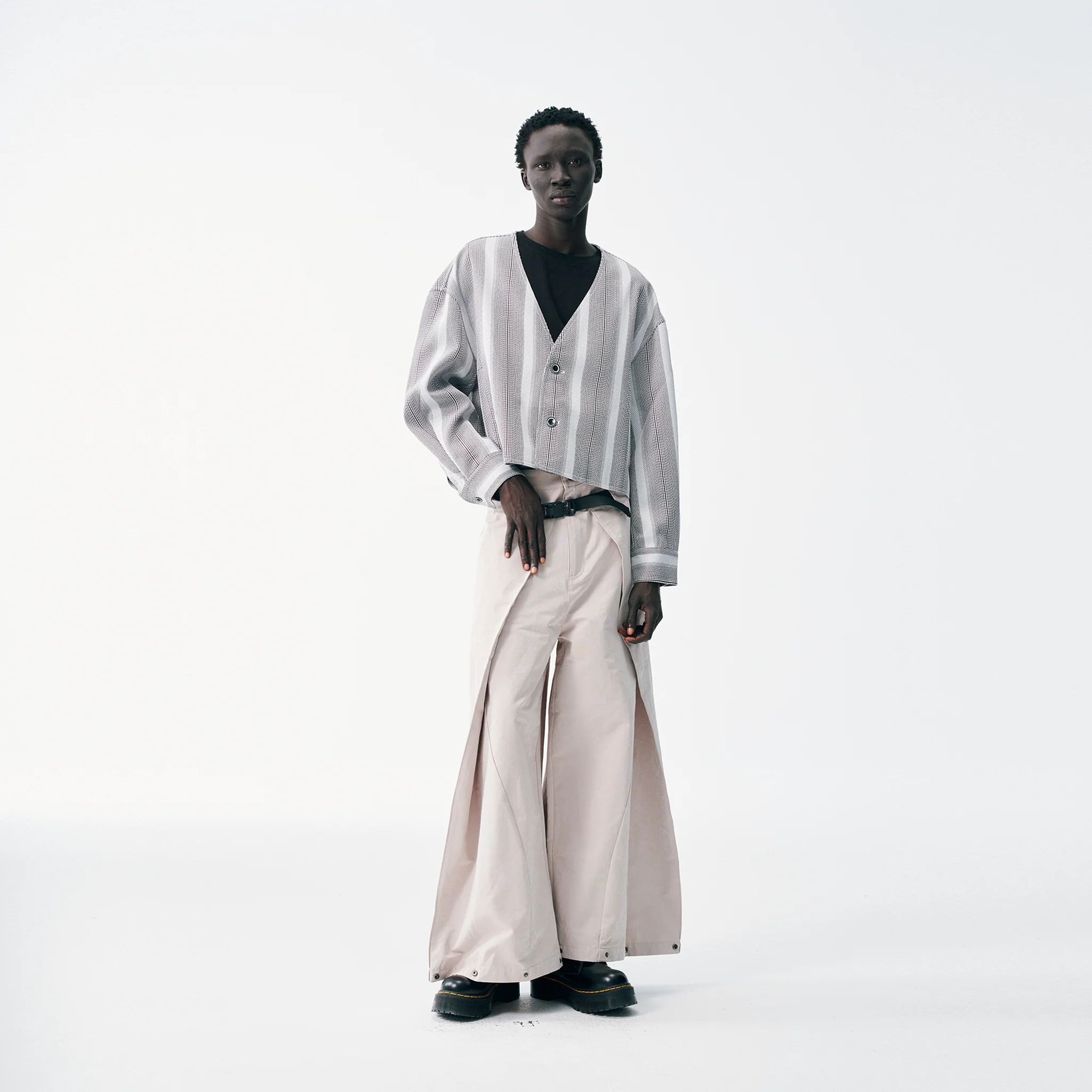 Cropped V-Neck Jacket – Striped Monochrome Twill - Image 6
