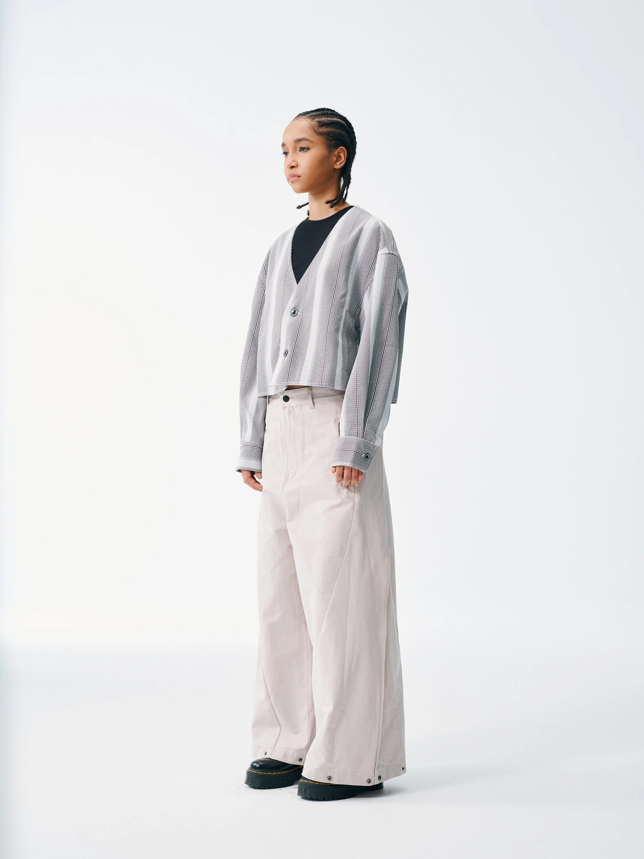 Cropped V-Neck Jacket – Striped Monochrome Twill - Image 7
