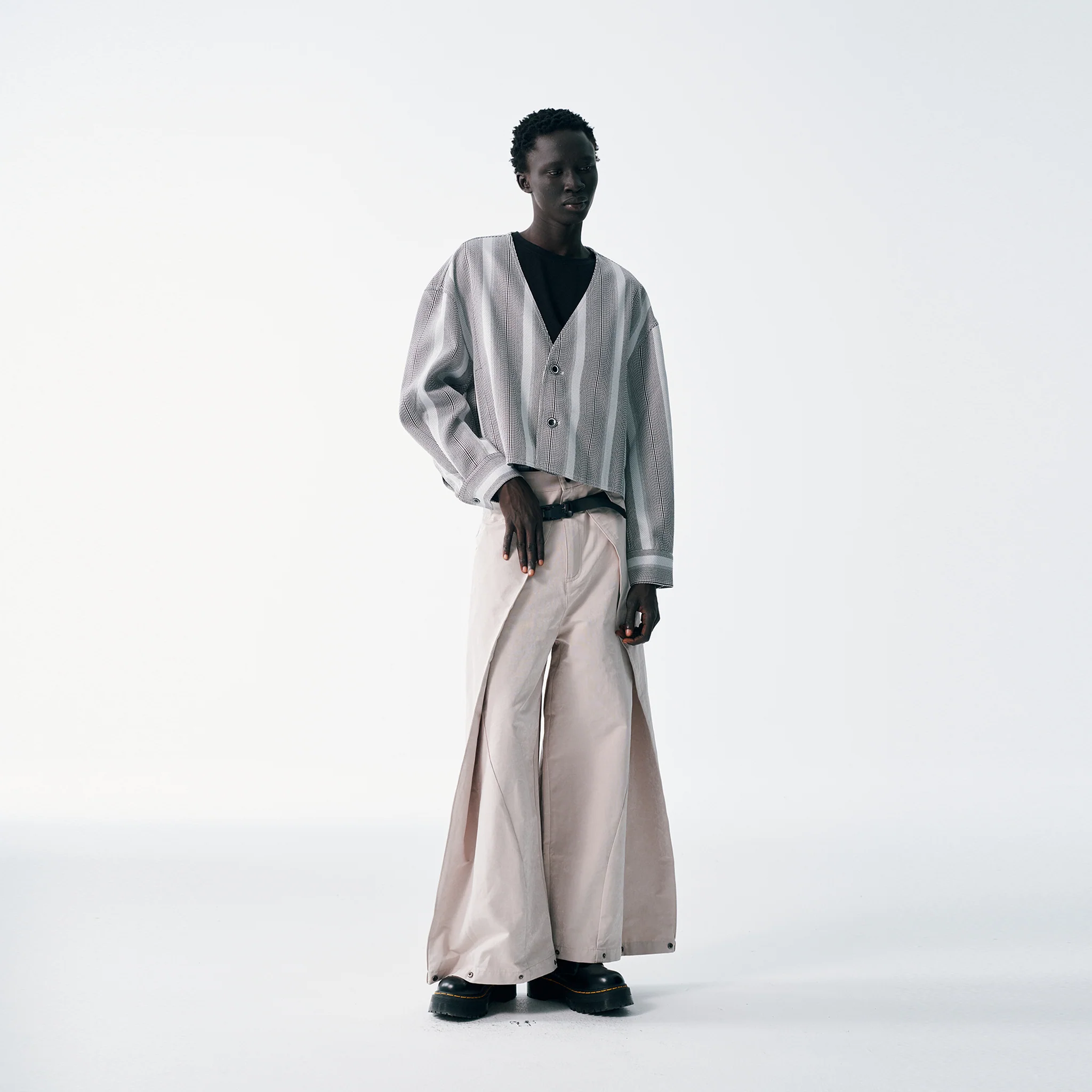 Cropped V-Neck Jacket – Striped Monochrome Twill - Image 8