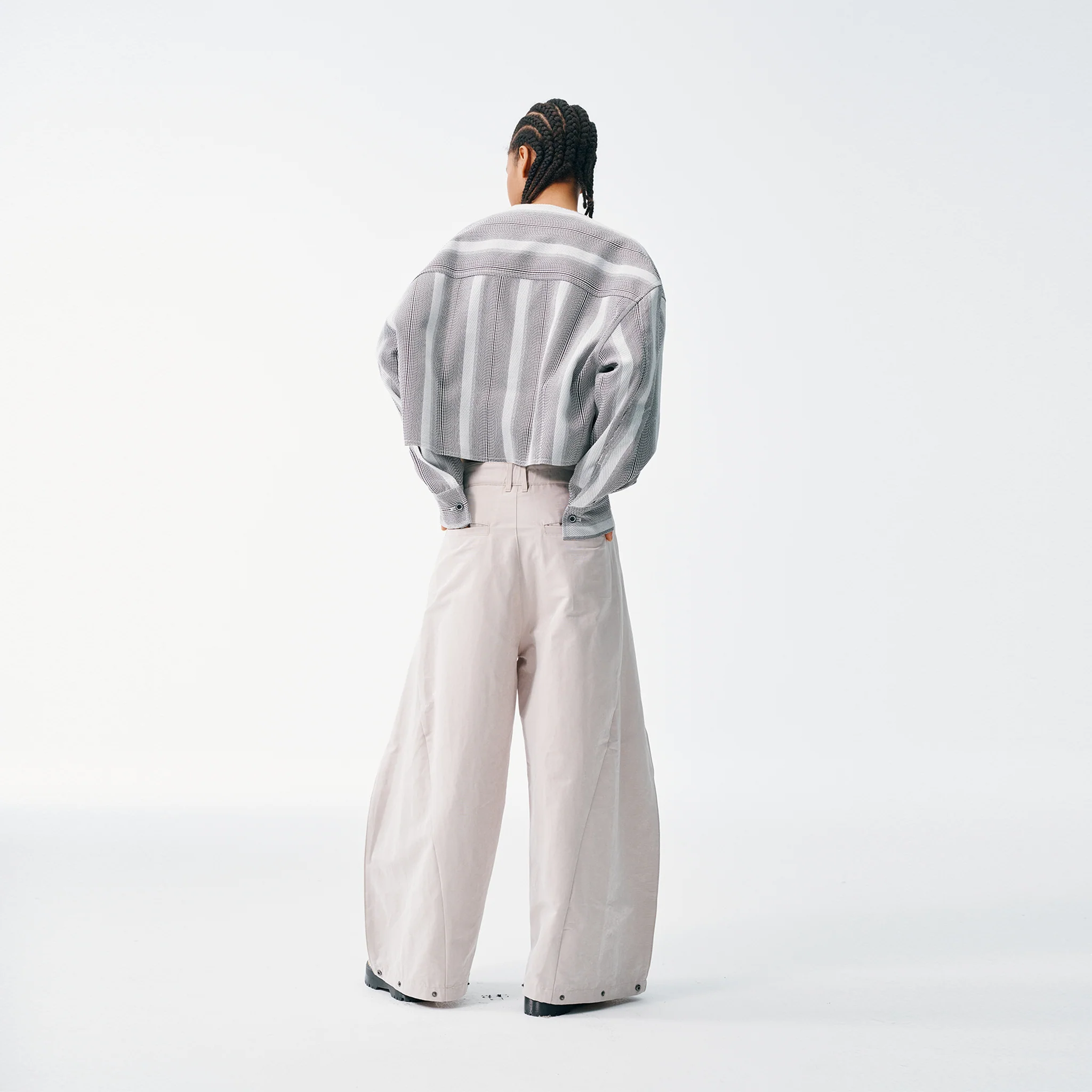 Cropped V-Neck Jacket – Striped Monochrome Twill - Image 9