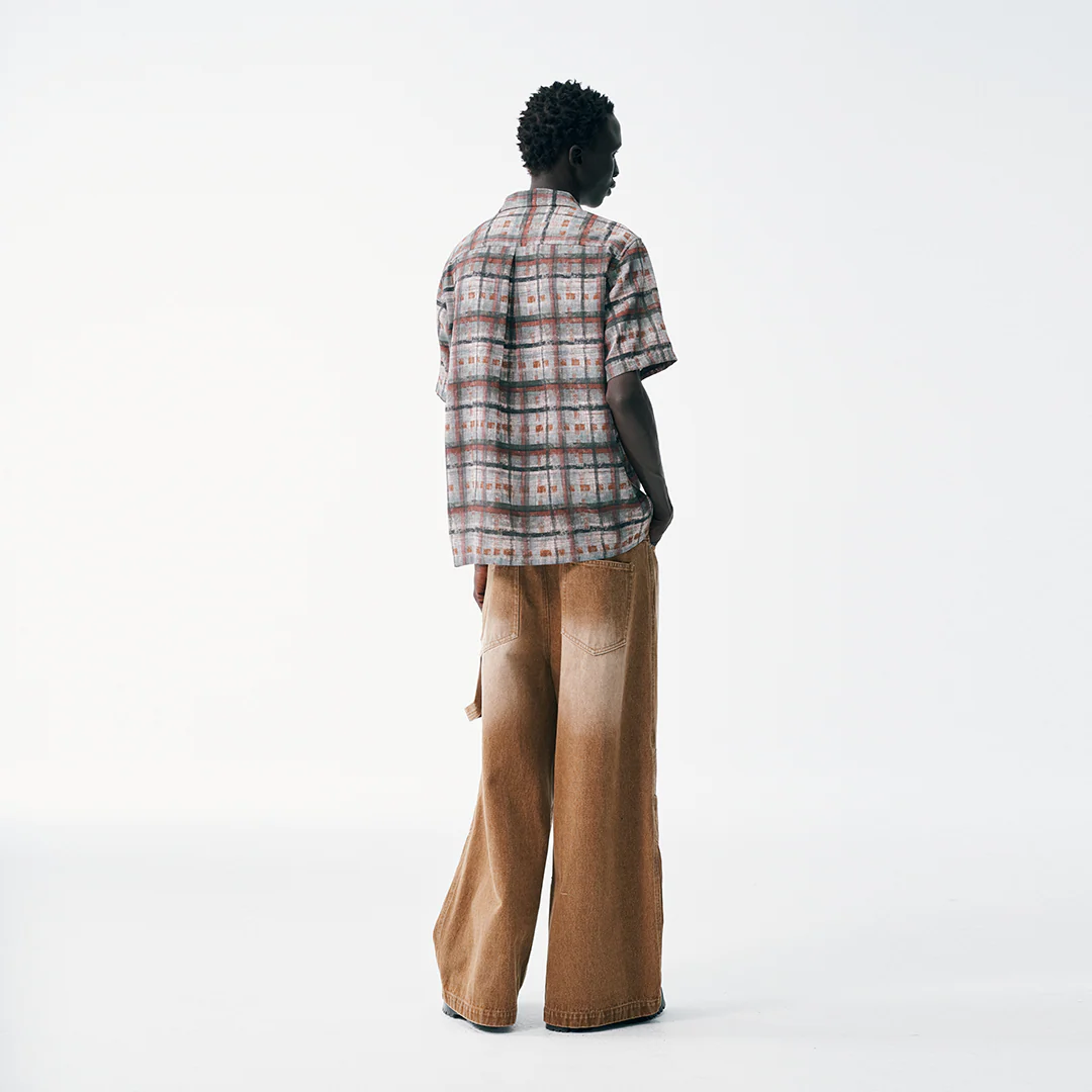 Abstract Paint Brush Plaid Button Up – Short Sleeve, Earth Tones - Image 6