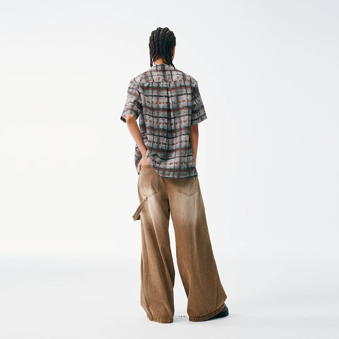 Abstract Paint Brush Plaid Button Up – Short Sleeve, Earth Tones - Image 9