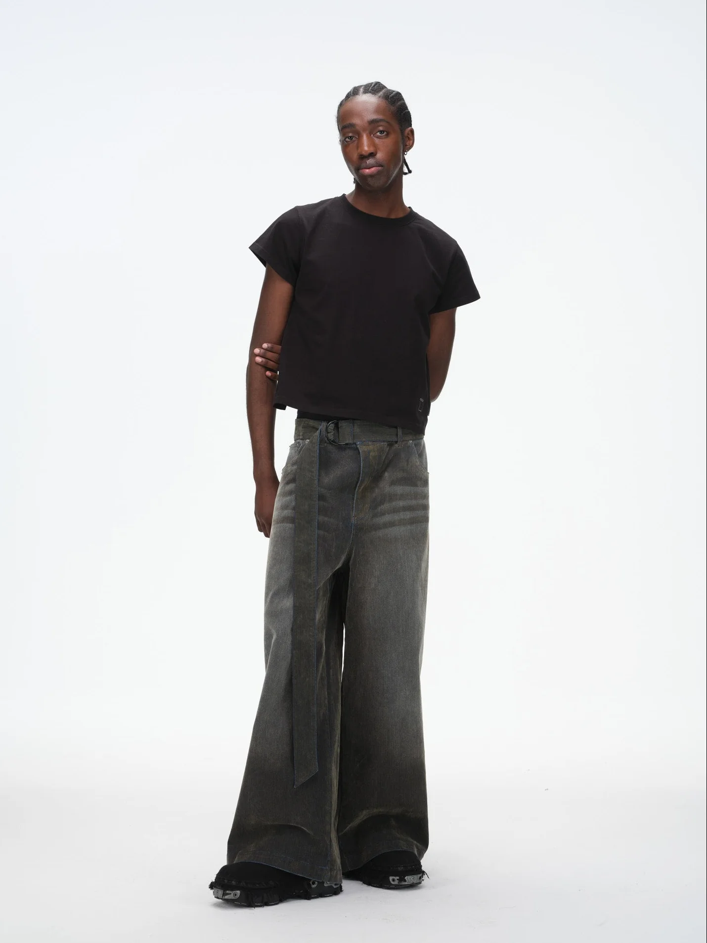 Iridescent Wide Leg Denim Pants with Sash Belt - Charcoal Wash - Image 10