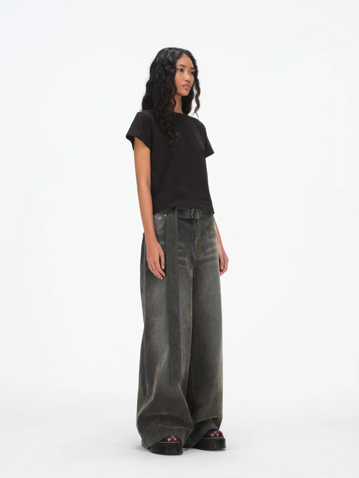 Iridescent Wide Leg Denim Pants with Sash Belt - Charcoal Wash - Image 11