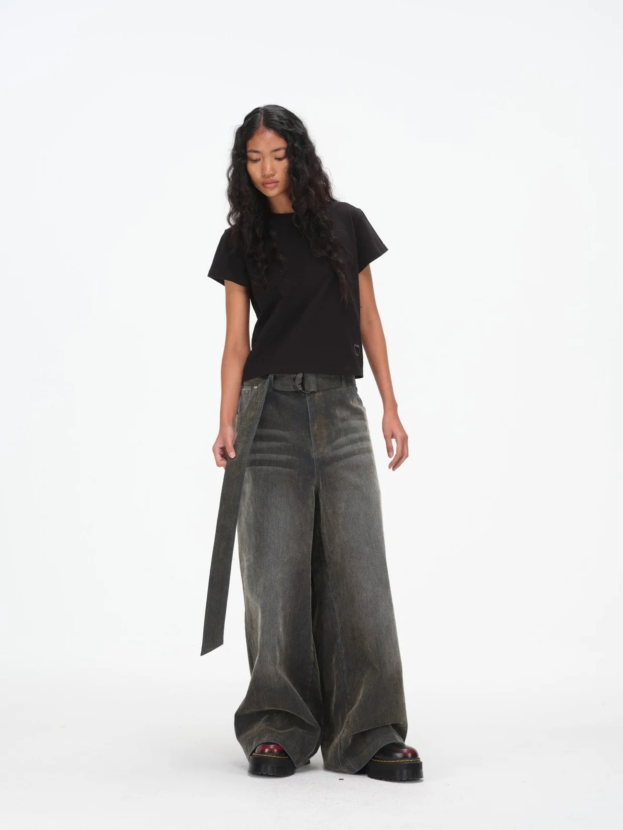Iridescent Wide Leg Denim Pants with Sash Belt - Charcoal Wash - Image 12