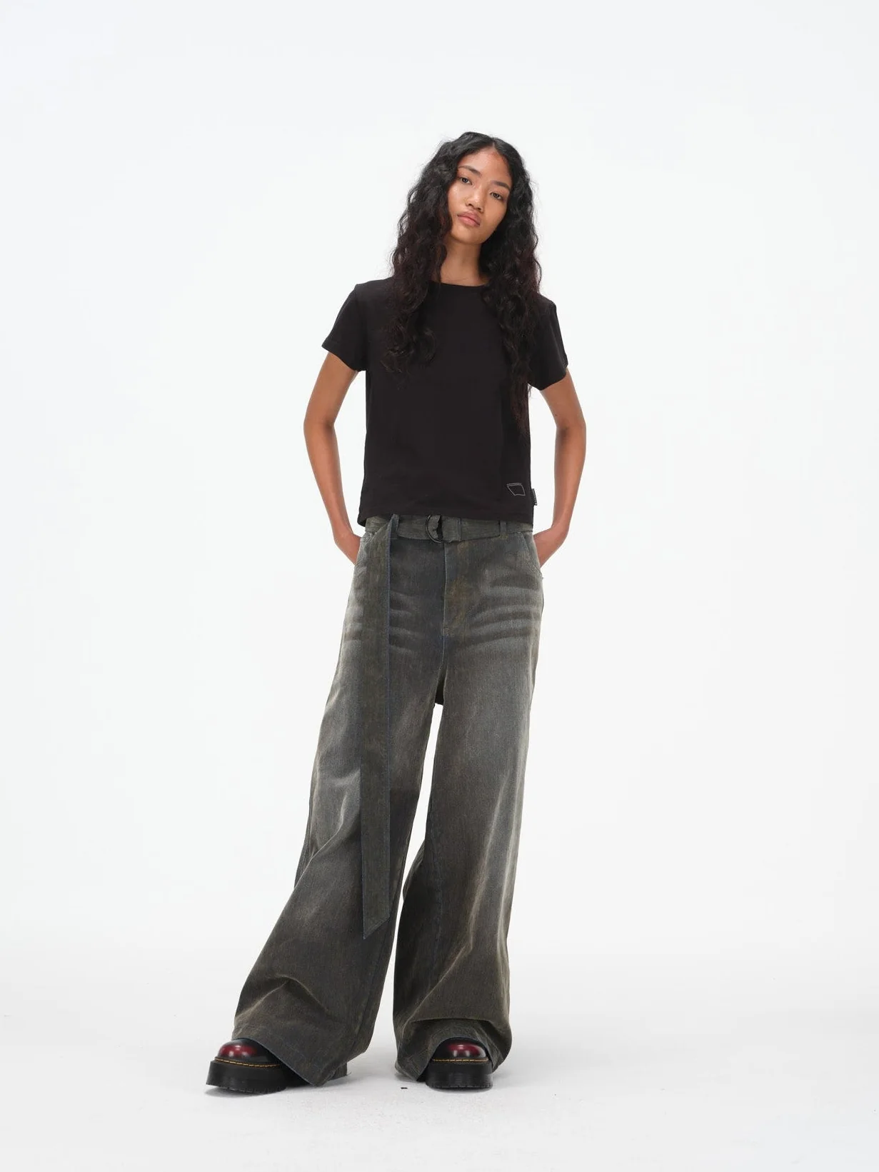Iridescent Wide Leg Denim Pants with Sash Belt - Charcoal Wash - Image 13
