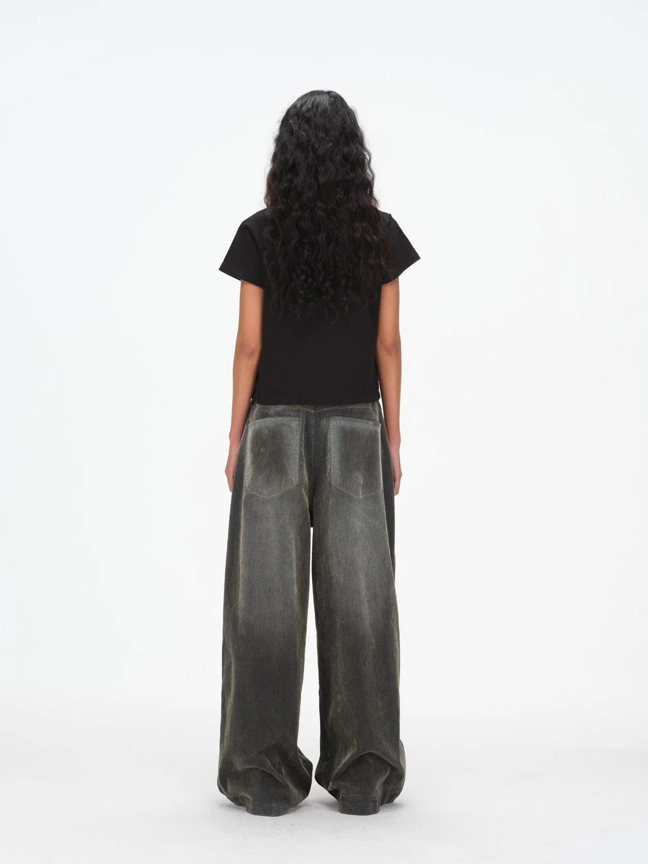 Iridescent Wide Leg Denim Pants with Sash Belt - Charcoal Wash - Image 14
