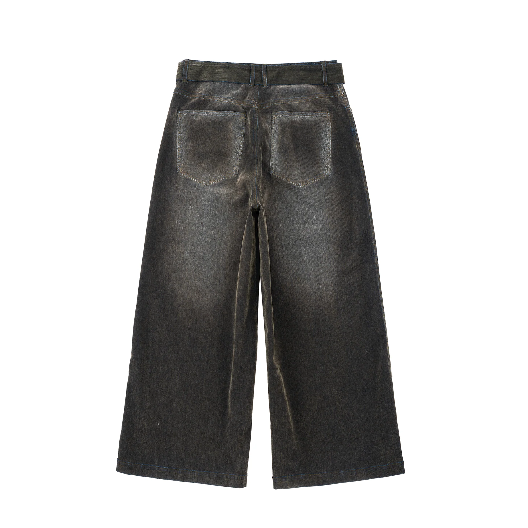 Iridescent Wide Leg Denim Pants with Sash Belt - Charcoal Wash - Image 15