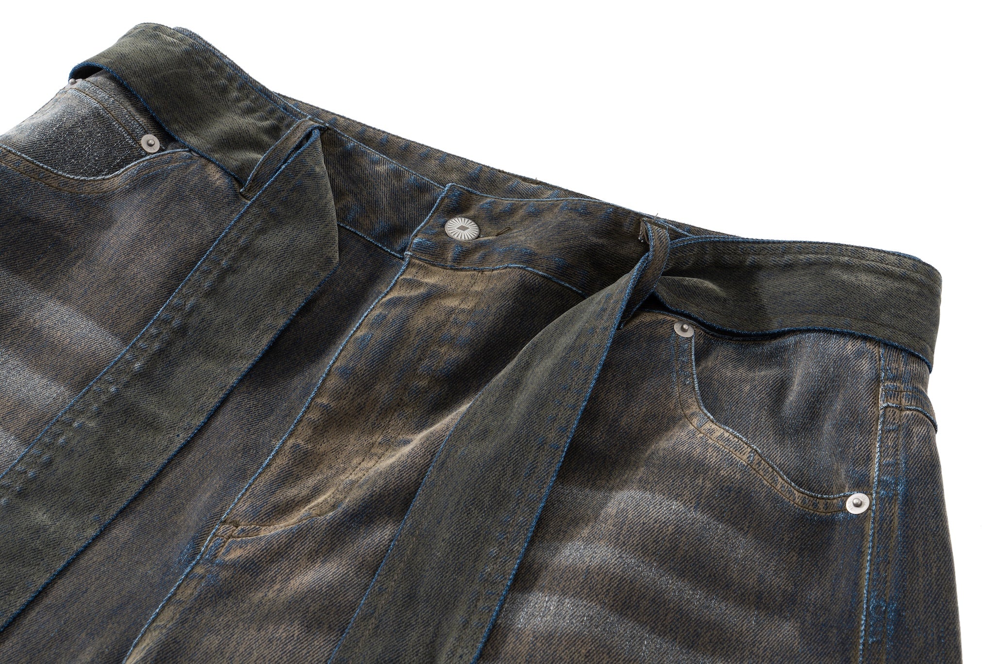 Iridescent Wide Leg Denim Pants with Sash Belt - Charcoal Wash - Image 16