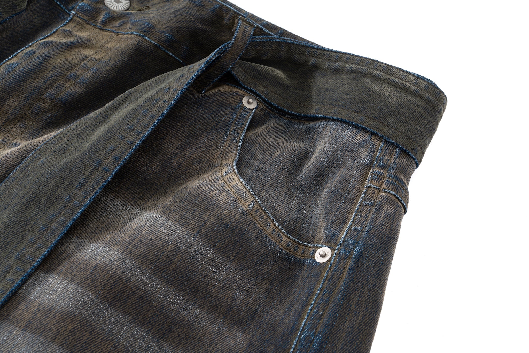 Iridescent Wide Leg Denim Pants with Sash Belt - Charcoal Wash - Image 17