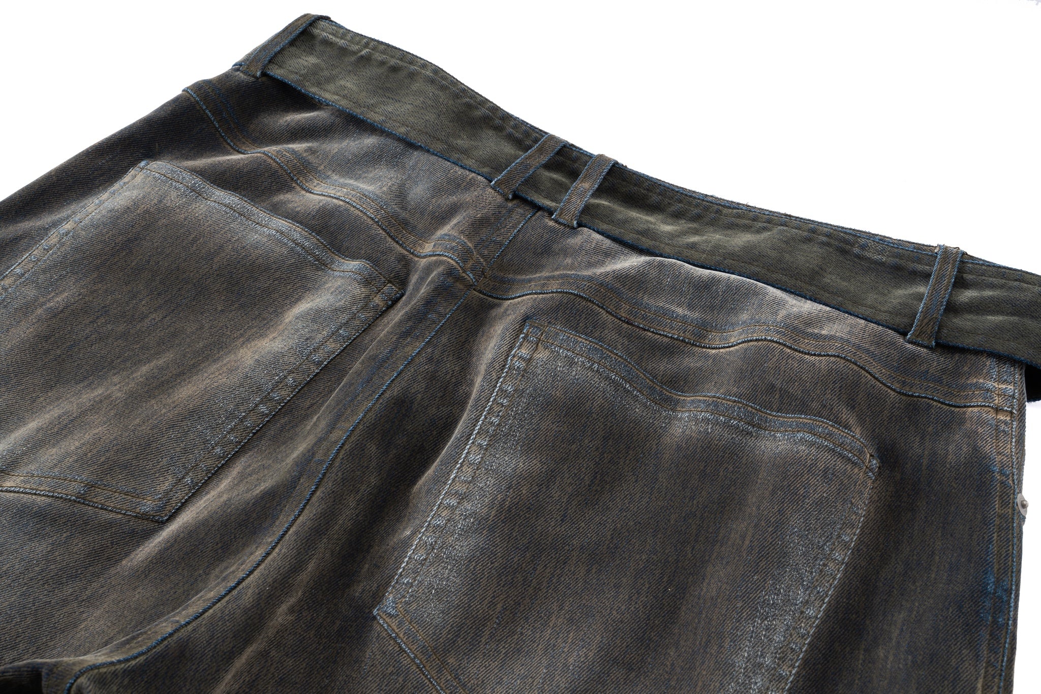 Iridescent Wide Leg Denim Pants with Sash Belt - Charcoal Wash - Image 19