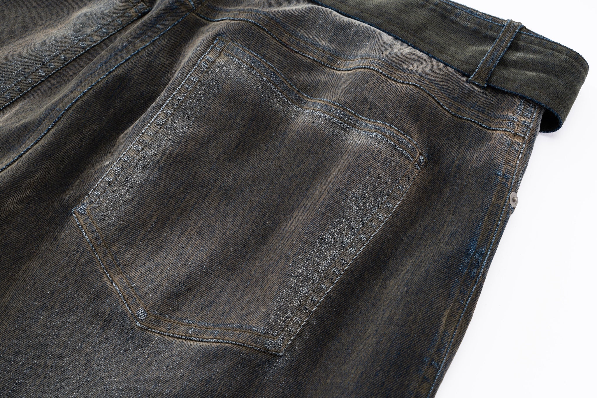 Iridescent Wide Leg Denim Pants with Sash Belt - Charcoal Wash - Image 20