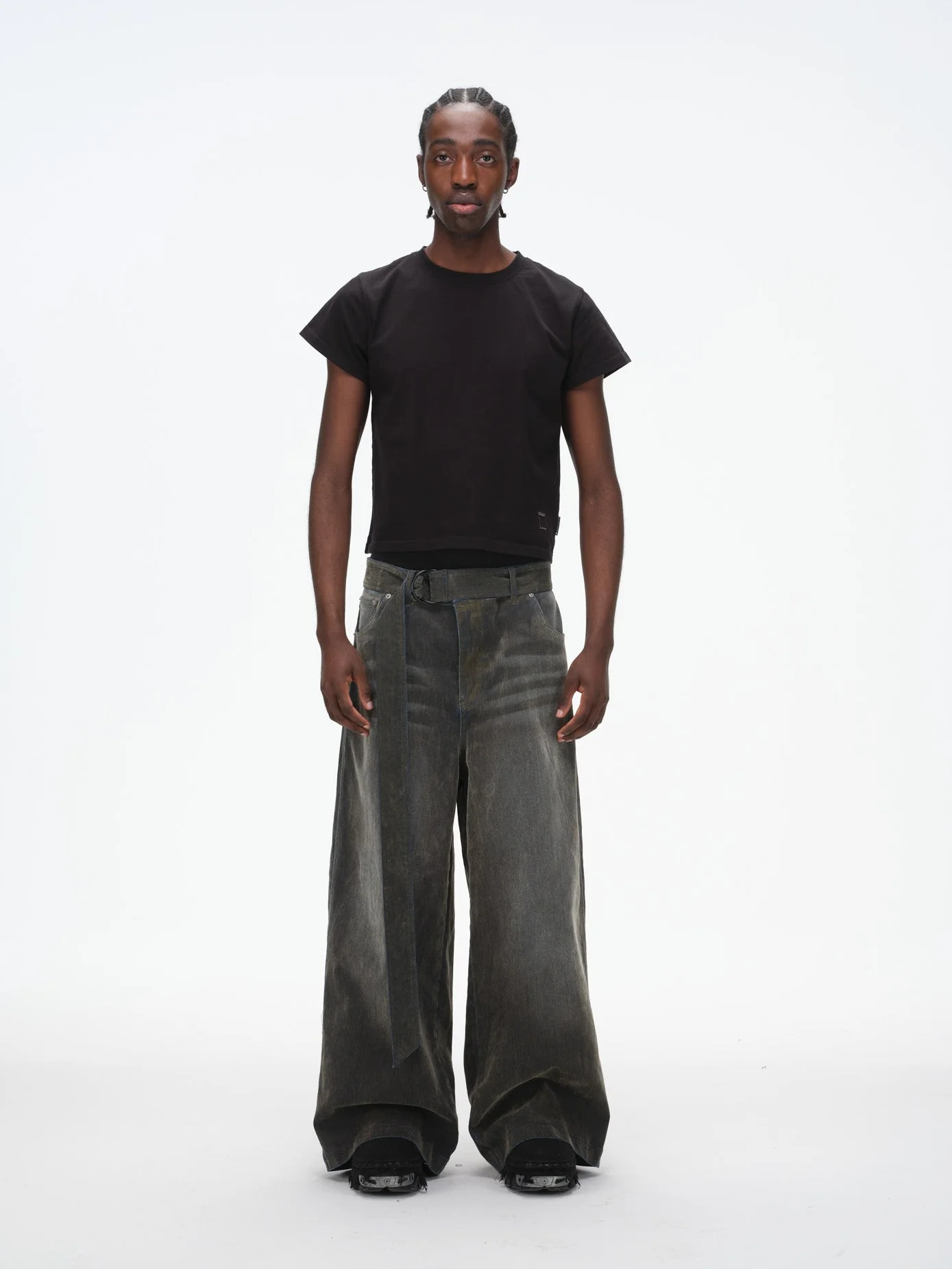 Iridescent Wide Leg Denim Pants with Sash Belt - Charcoal Wash - Image 3