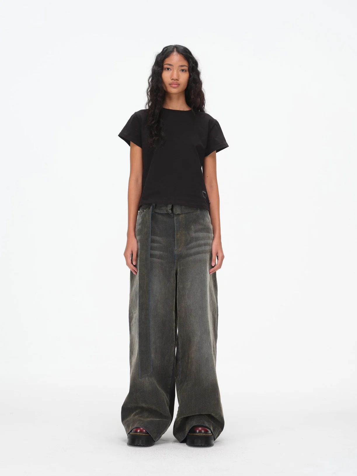Iridescent Wide Leg Denim Pants with Sash Belt - Charcoal Wash - Image 4