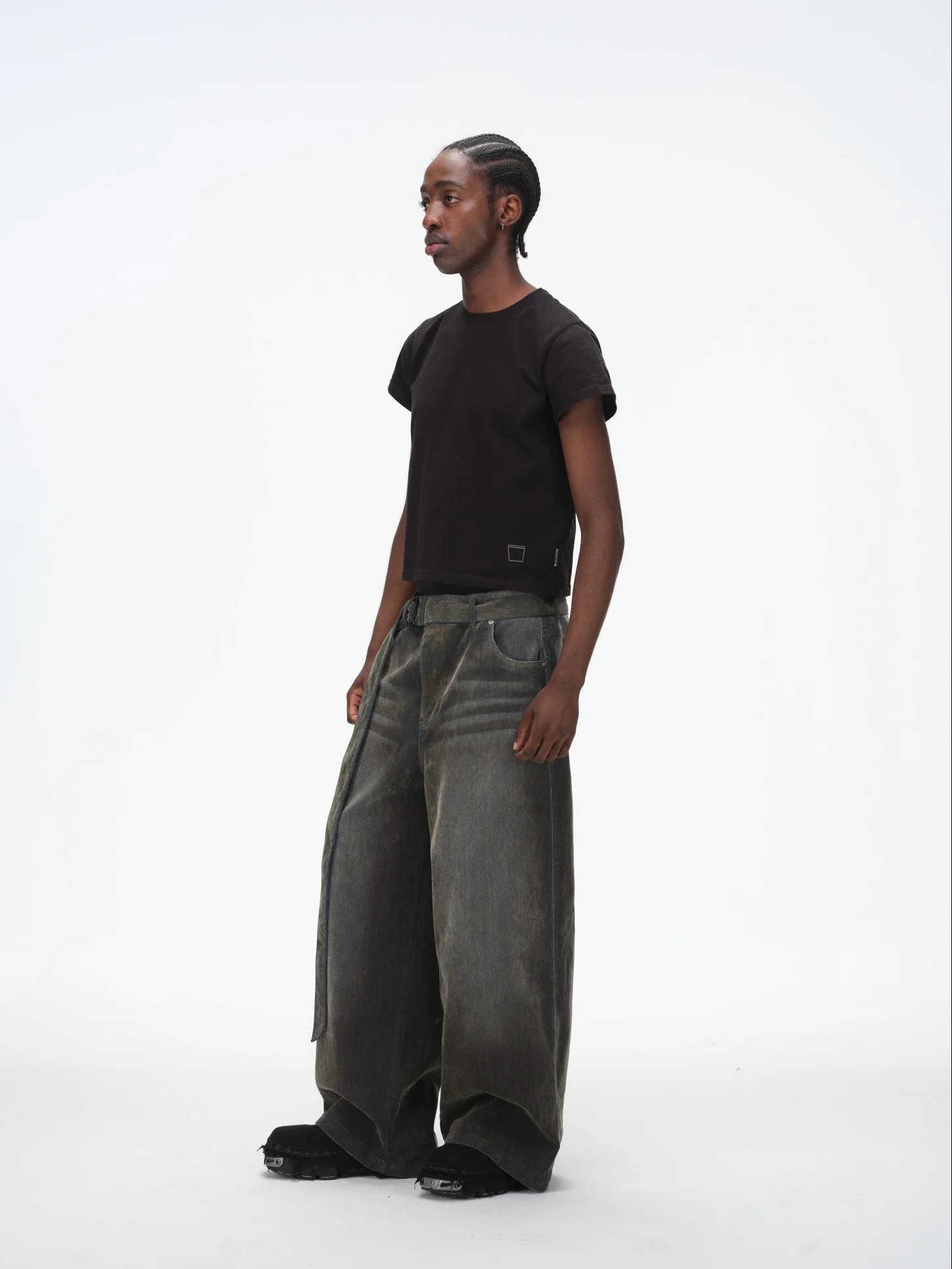 Iridescent Wide Leg Denim Pants with Sash Belt - Charcoal Wash - Image 5