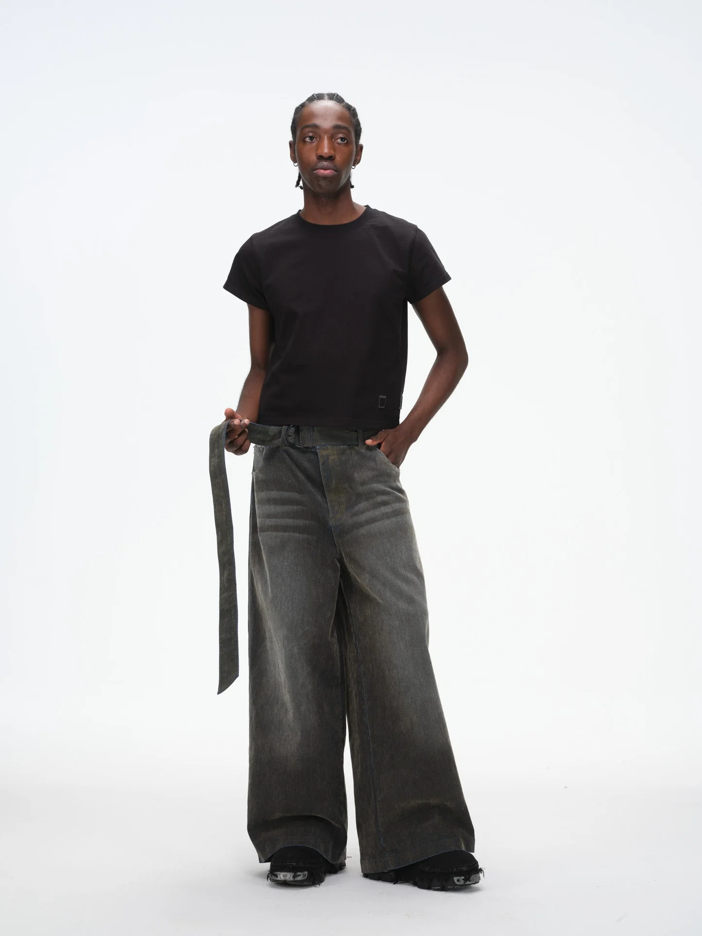 Iridescent Wide Leg Denim Pants with Sash Belt - Charcoal Wash - Image 6