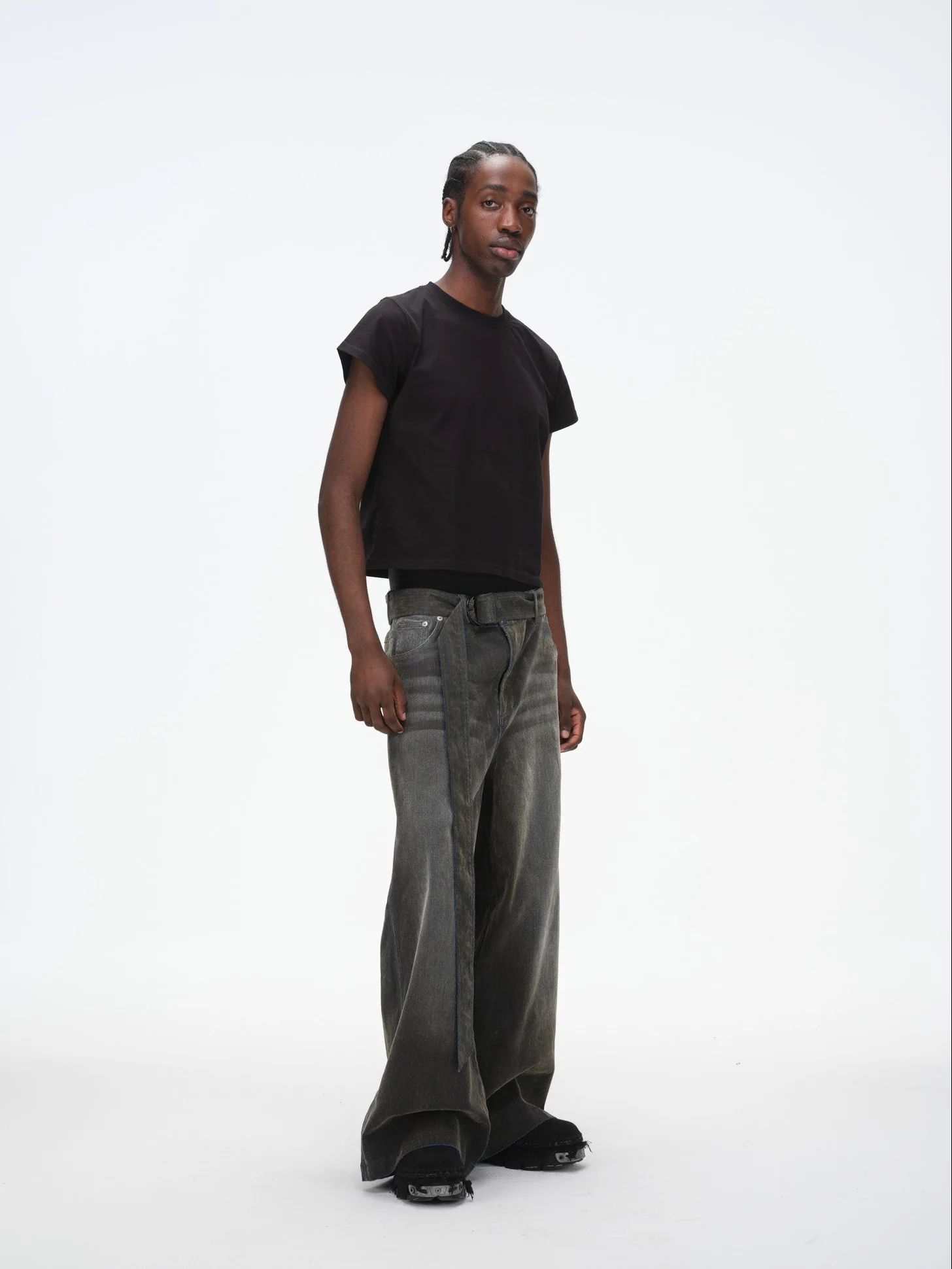 Iridescent Wide Leg Denim Pants with Sash Belt - Charcoal Wash - Image 7