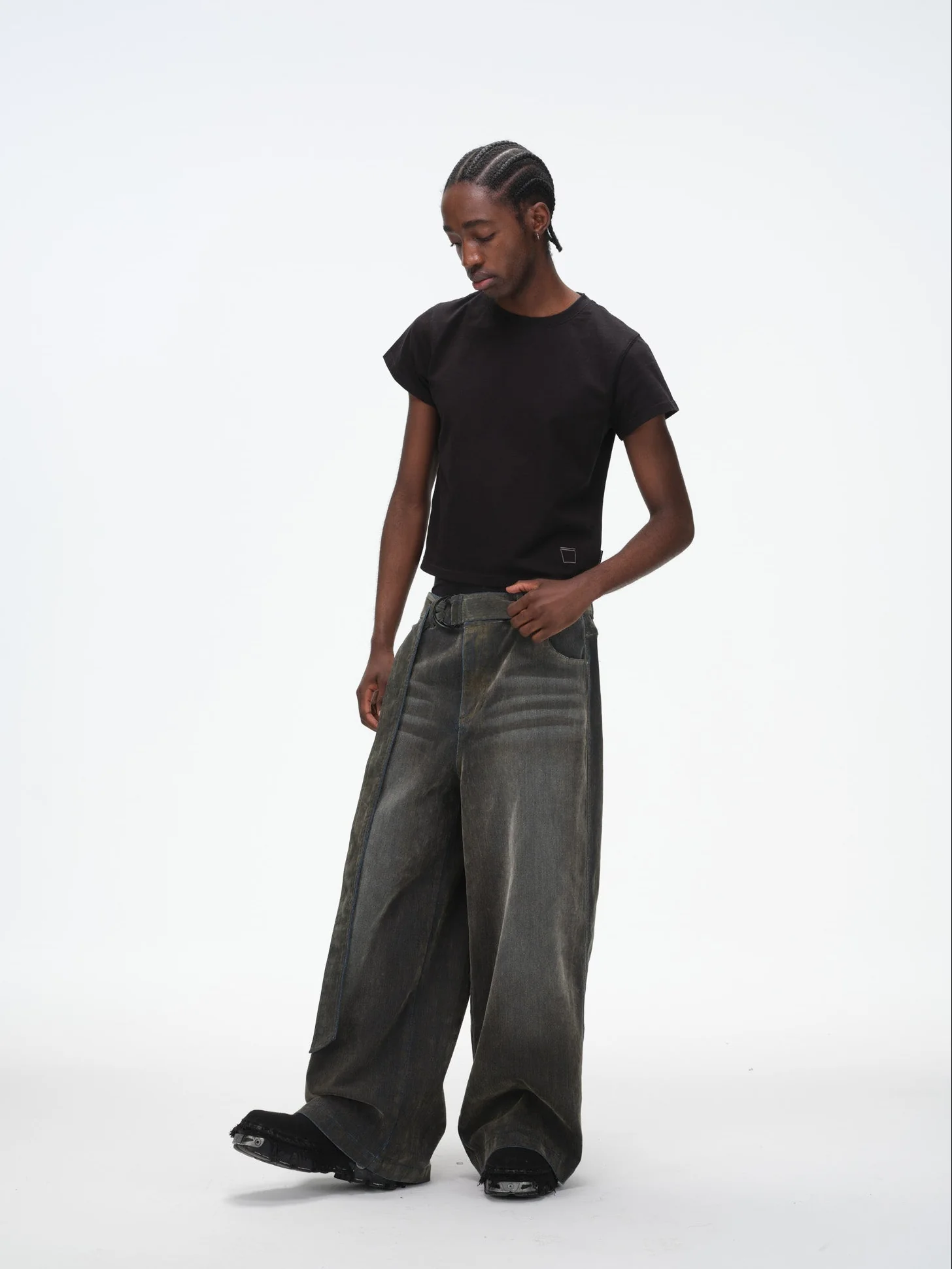 Iridescent Wide Leg Denim Pants with Sash Belt - Charcoal Wash - Image 9