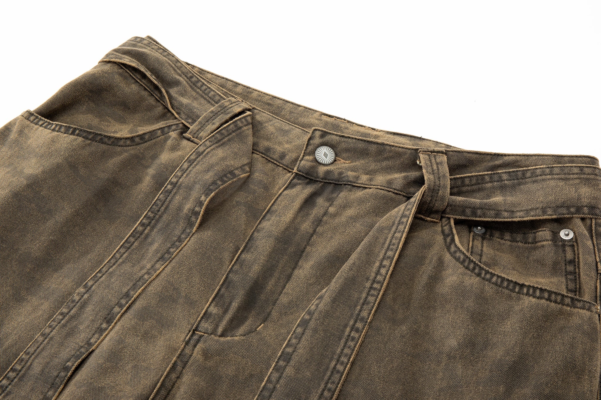 Kota Light Denim Sash Belt Pants – Subtle Washed Brown Camo - Image 13