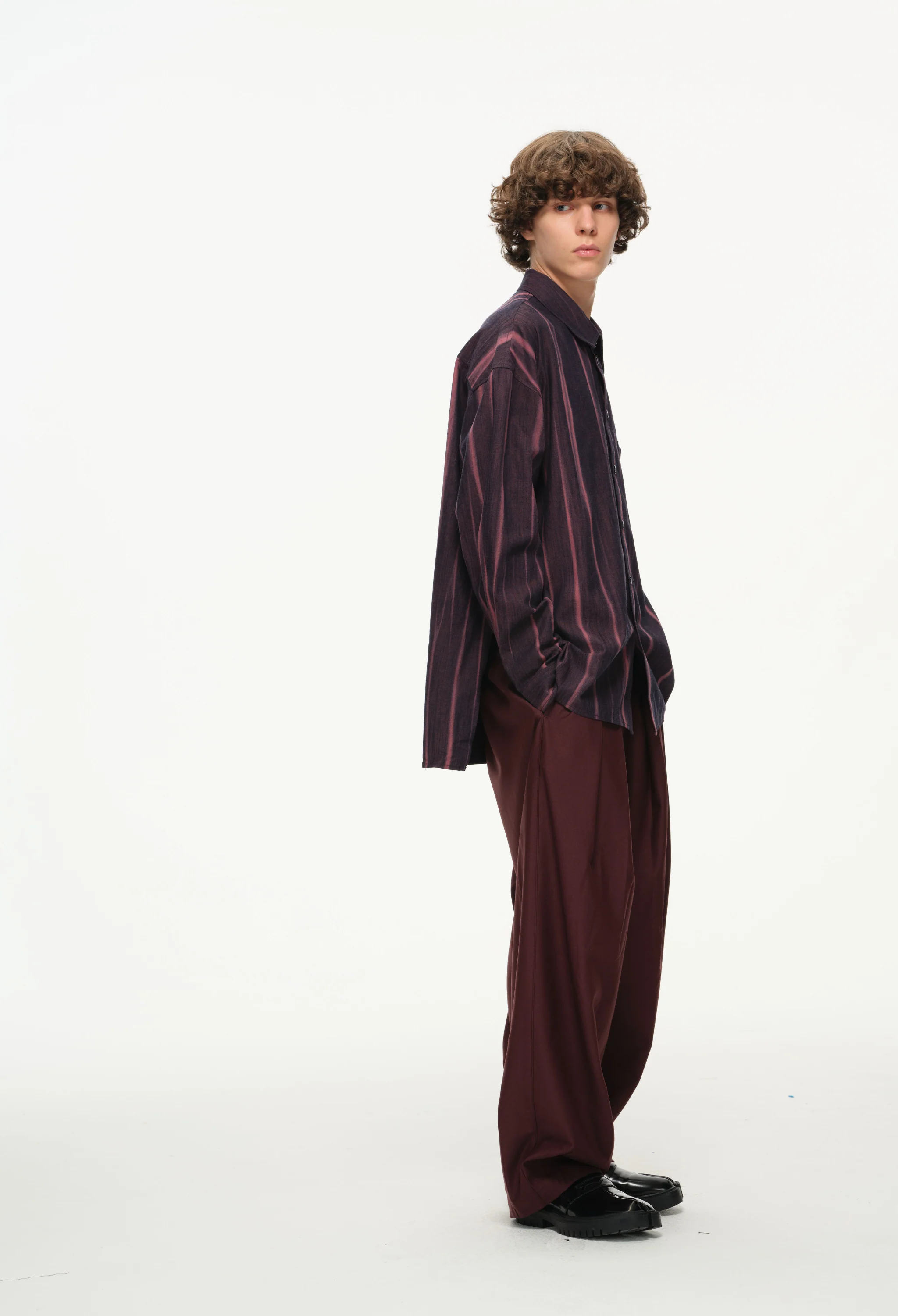 Vertical Stripe Button Up – Deep Burgundy & Rose, Relaxed Fit - Image 16