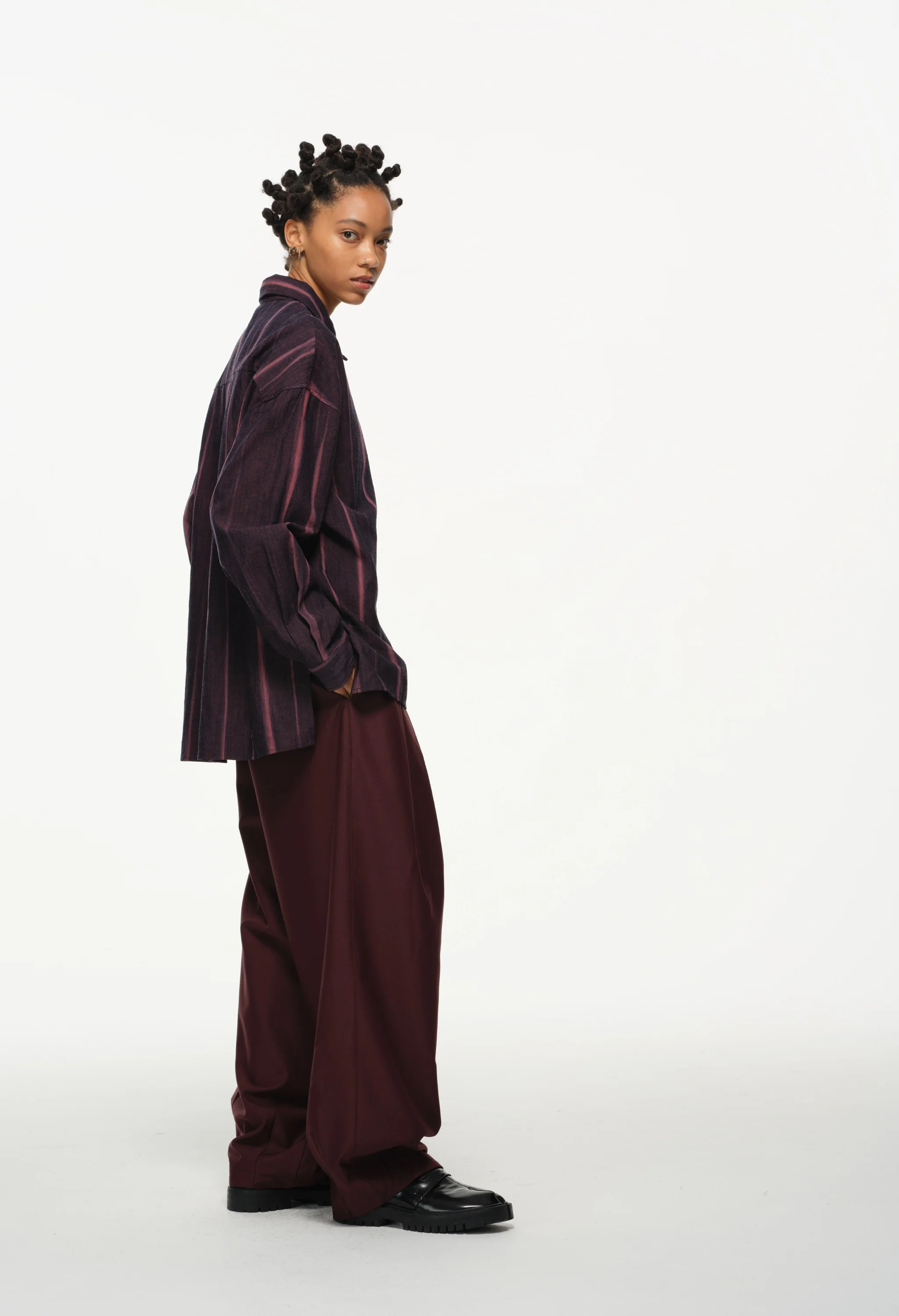 Vertical Stripe Button Up – Deep Burgundy & Rose, Relaxed Fit - Image 17