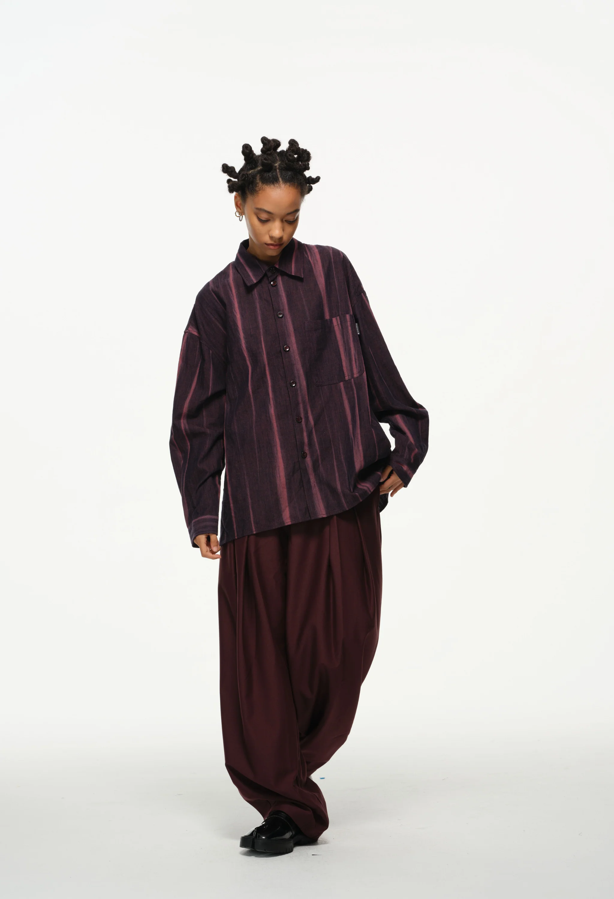 Vertical Stripe Button Up – Deep Burgundy & Rose, Relaxed Fit - Image 3