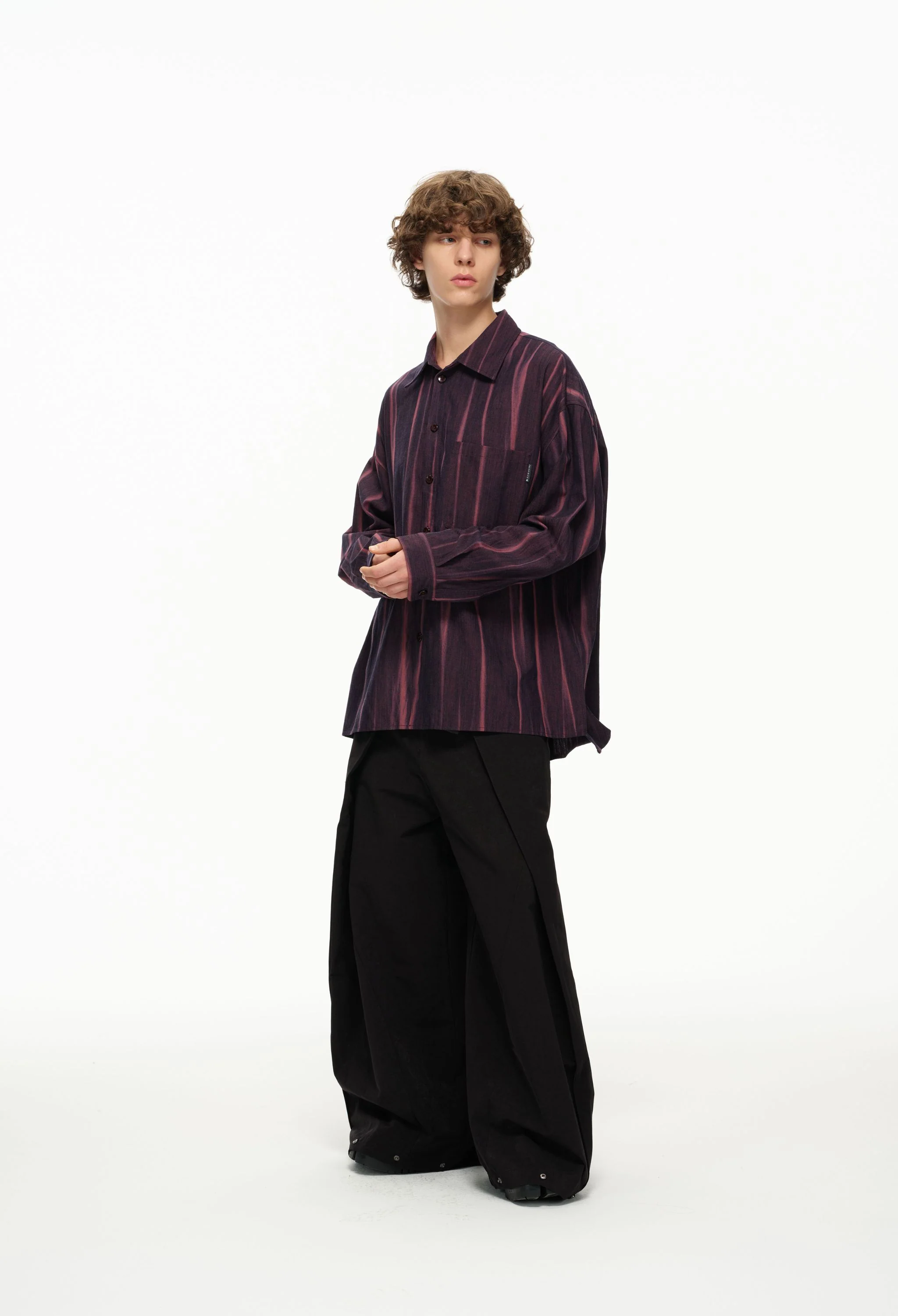 Vertical Stripe Button Up – Deep Burgundy & Rose, Relaxed Fit - Image 4