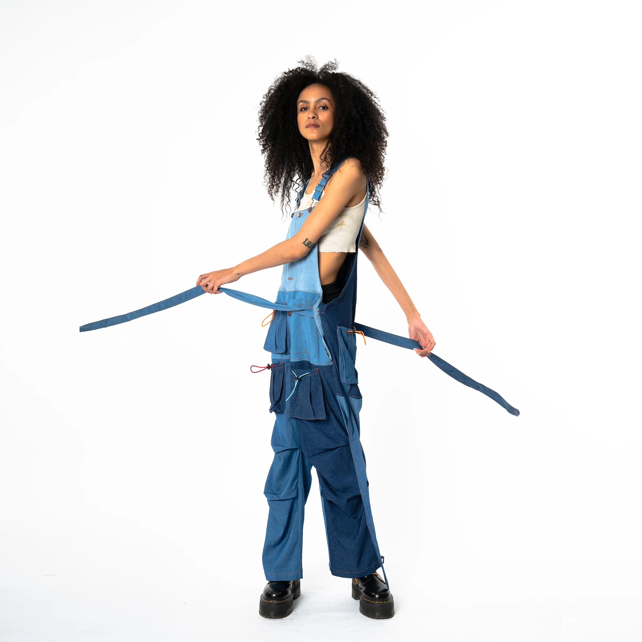 Loose Strap Overalls - Blue Colorblock - Image 14