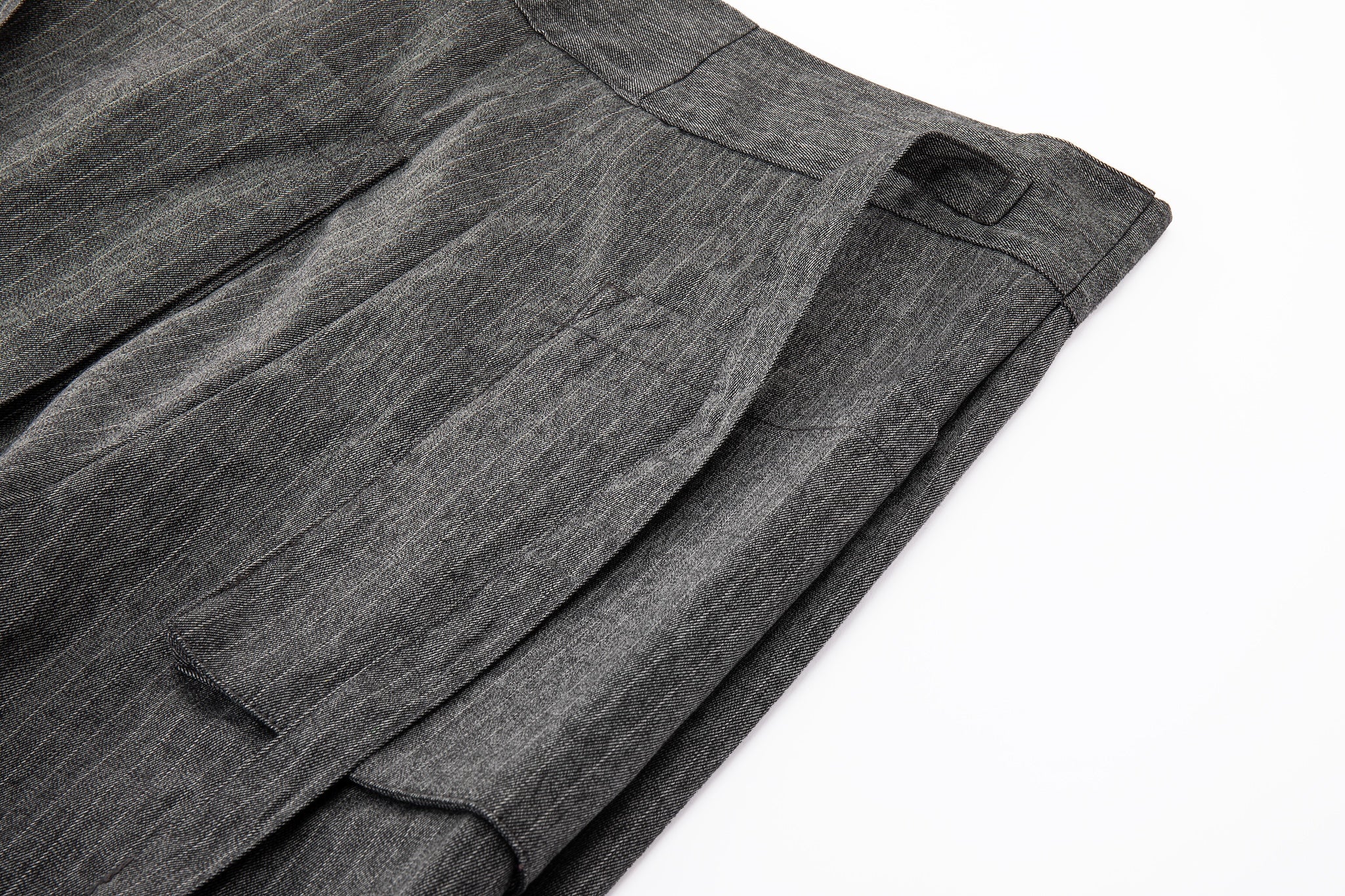 Noa Wrap-Front Pleated Pants – Wrap Around Sash Belt, Grey Pinstripe - Image 14